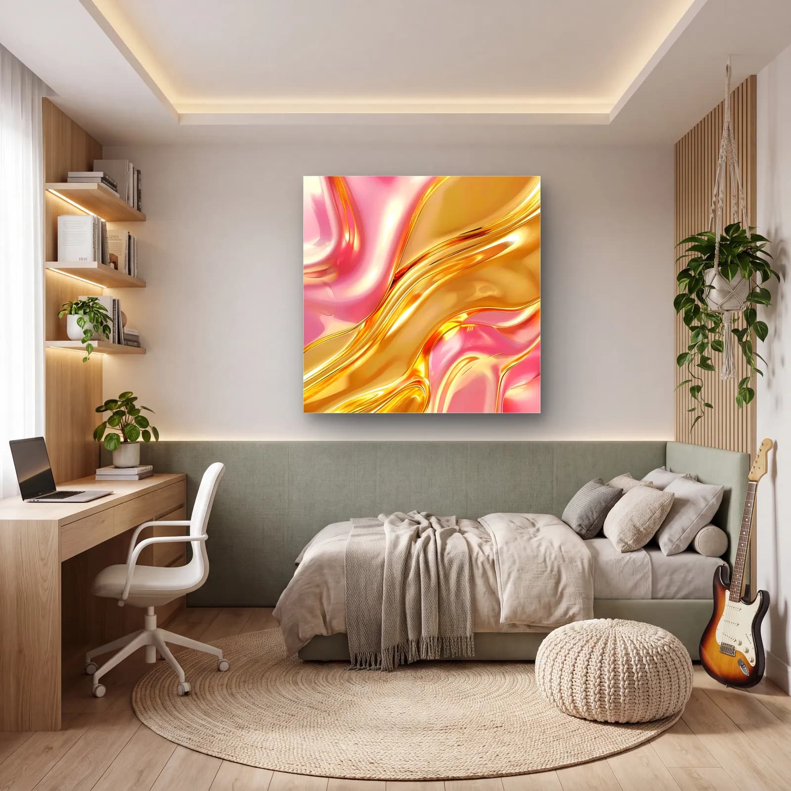 Pembe Altın Sıvı Kıvrımlar cam tablo — genç odasında