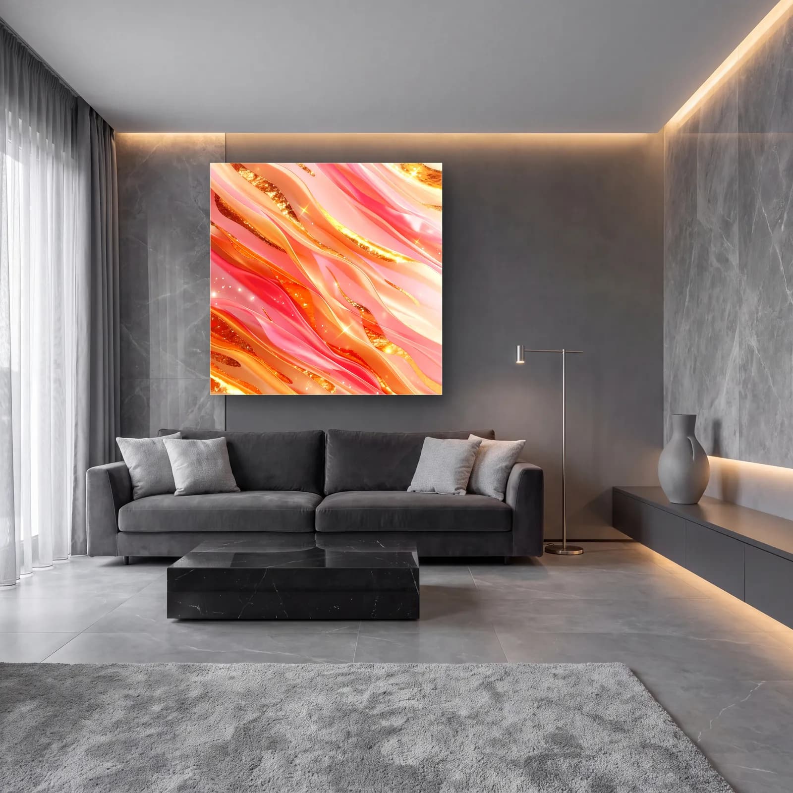 Mercan Pembe Işıltılı Akış cam tablo — lüks salon duvarında