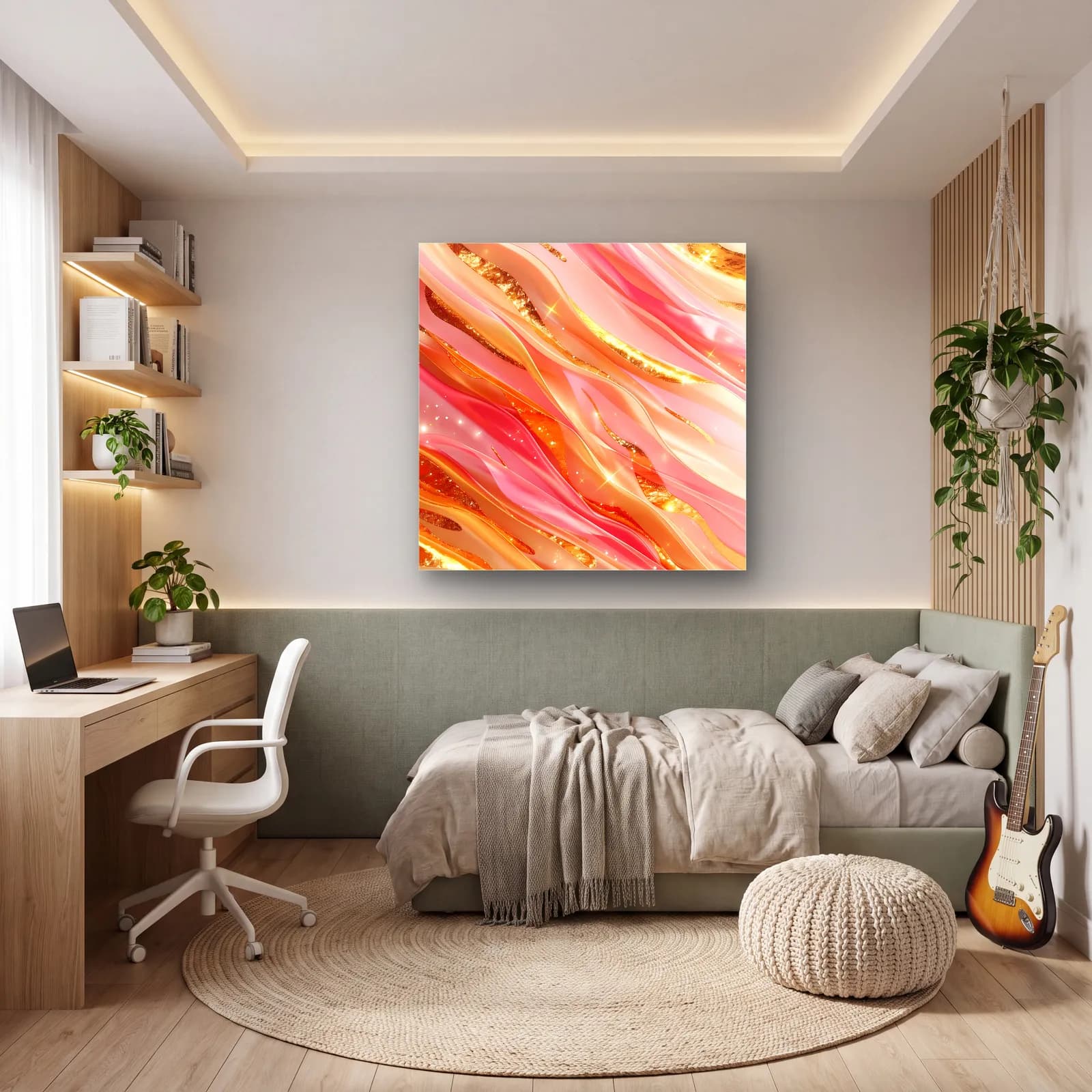 Mercan Pembe Işıltılı Akış cam tablo — genç odasında