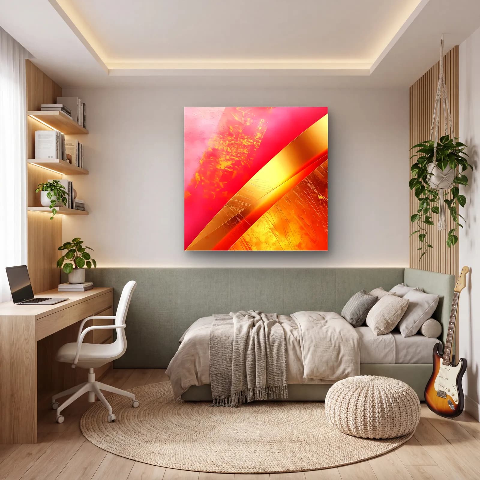 Pembe Kırmızı Altın Diyagonal cam tablo — genç odasında