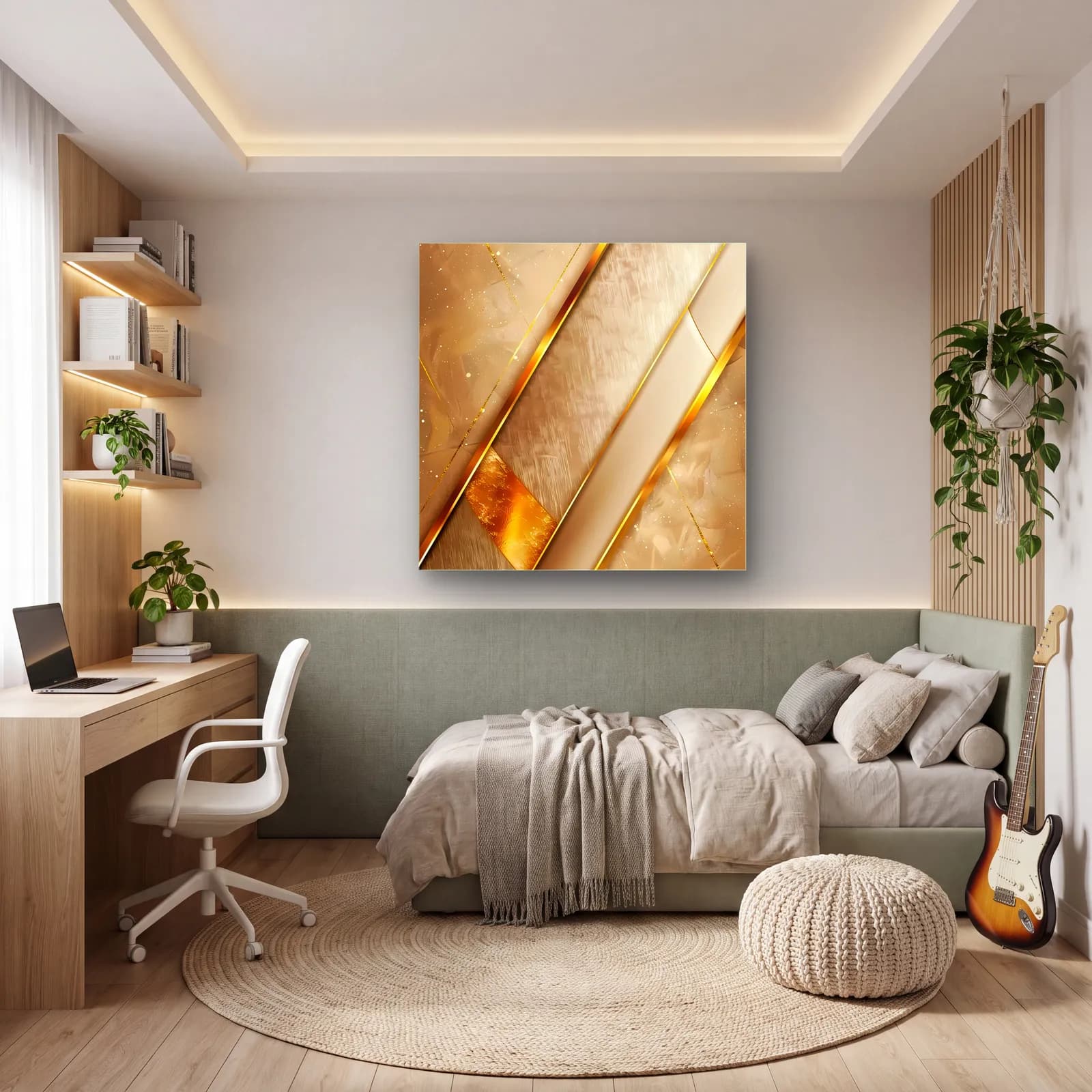 Altın Diyagonal Şeritler cam tablo — genç odasında