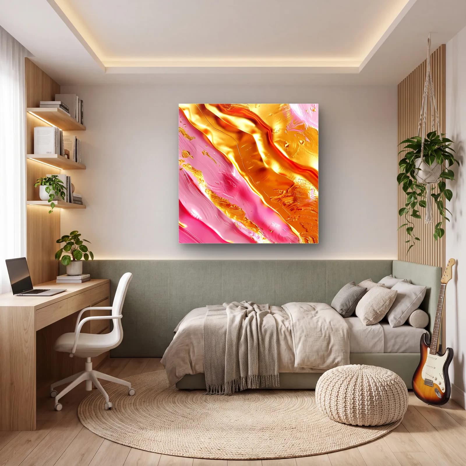 Pembe Altın Akışkan Soyut cam tablo — genç odasında