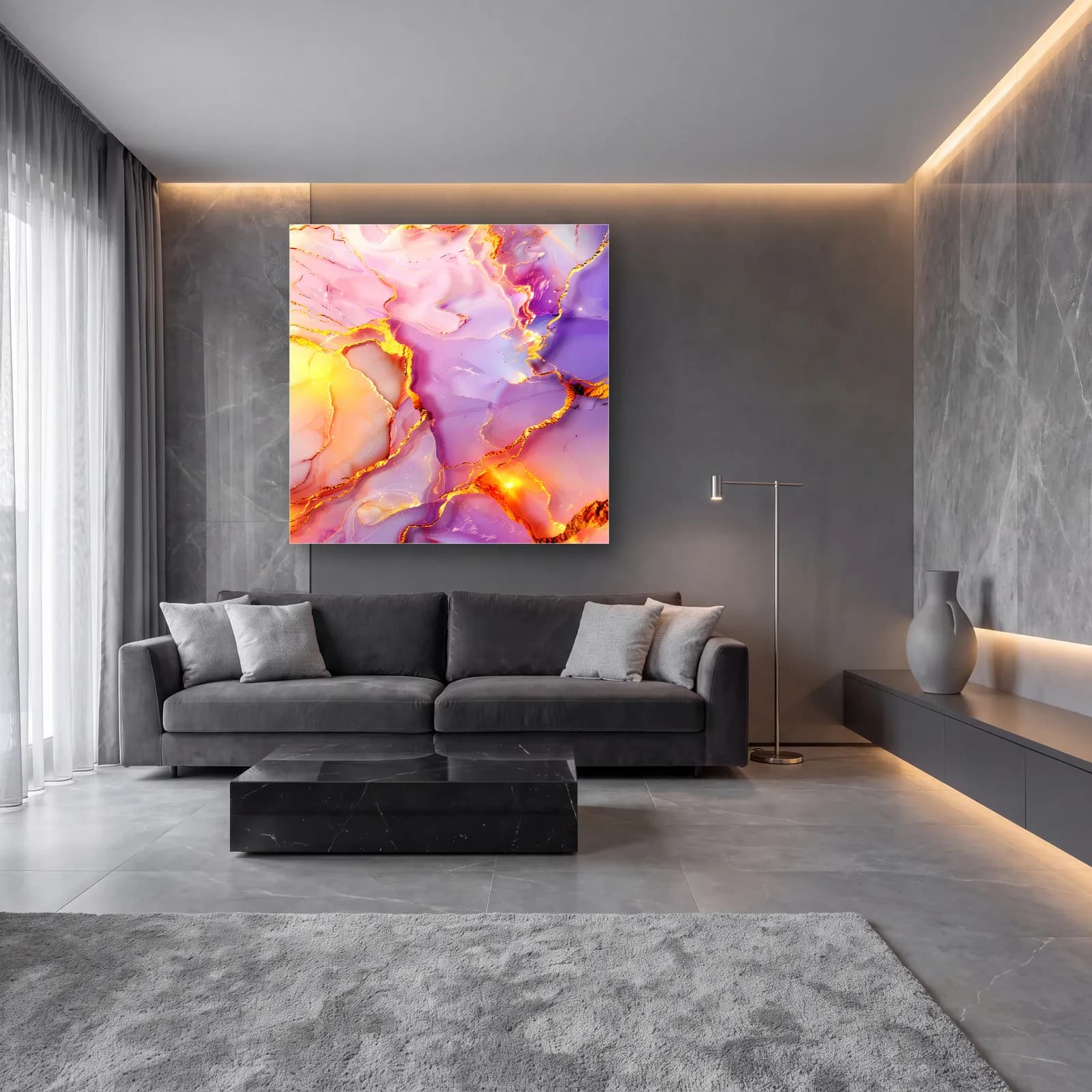 Lila Pembe Altın Damarlı Mermer cam tablo — lüks salon duvarında