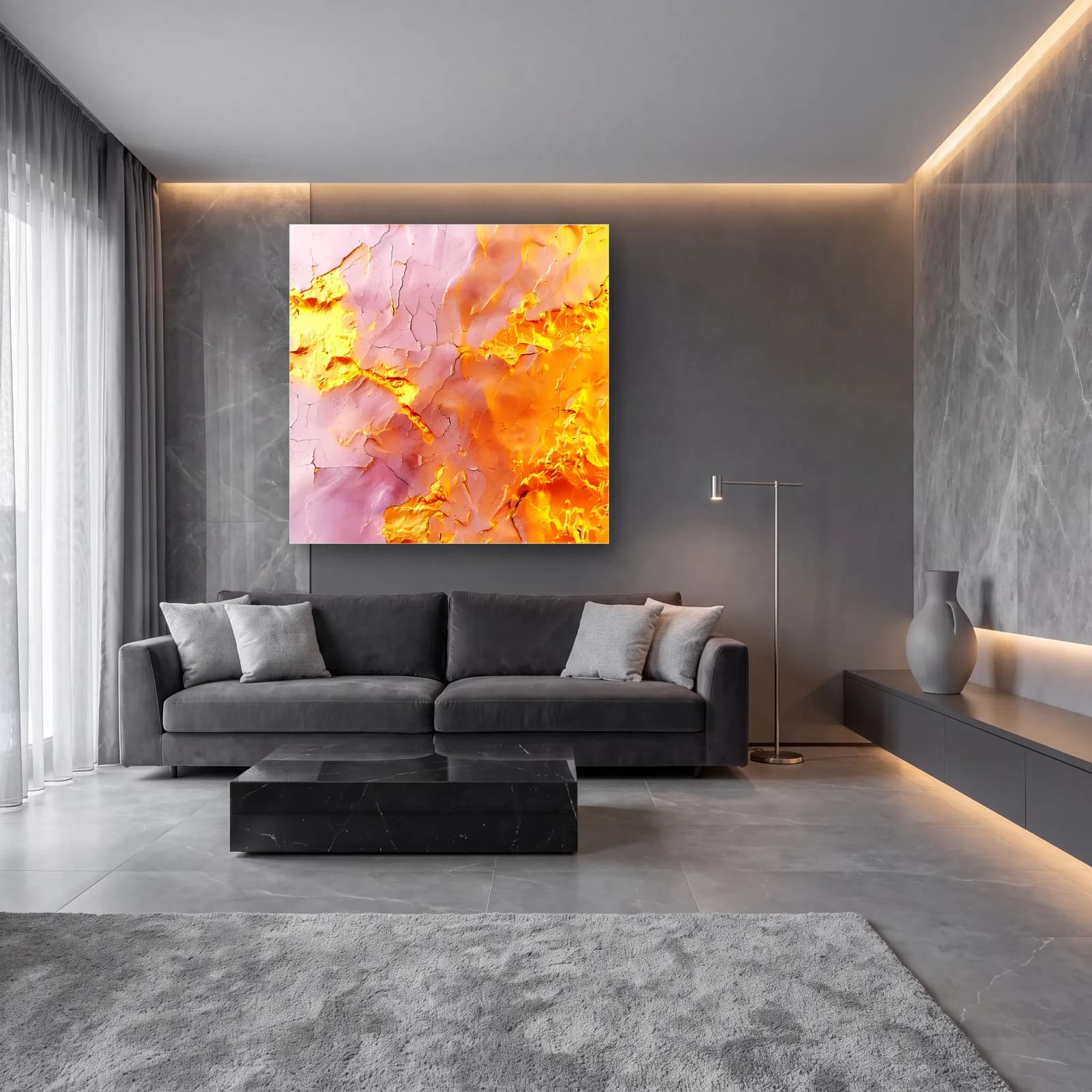 Pembe Altın Çatlak Doku cam tablo — lüks salon duvarında