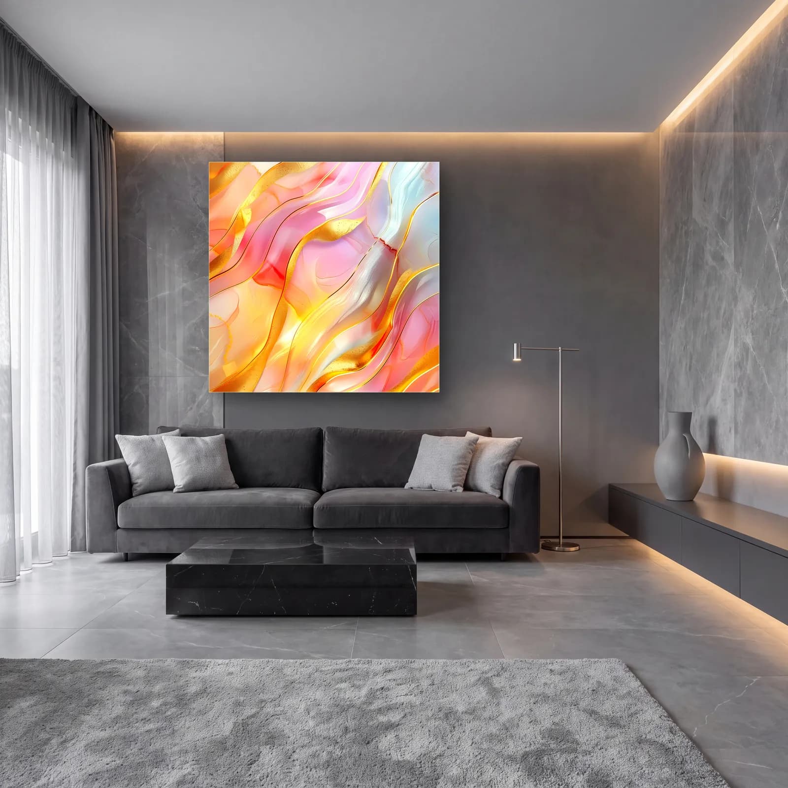 Pastel Altın Çizgili Soyut cam tablo — lüks salon duvarında