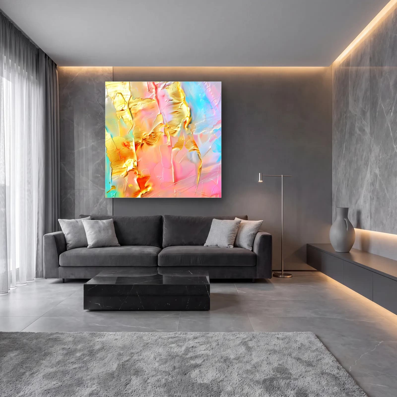 Pastel Spatula Altın Soyut cam tablo — lüks salon duvarında