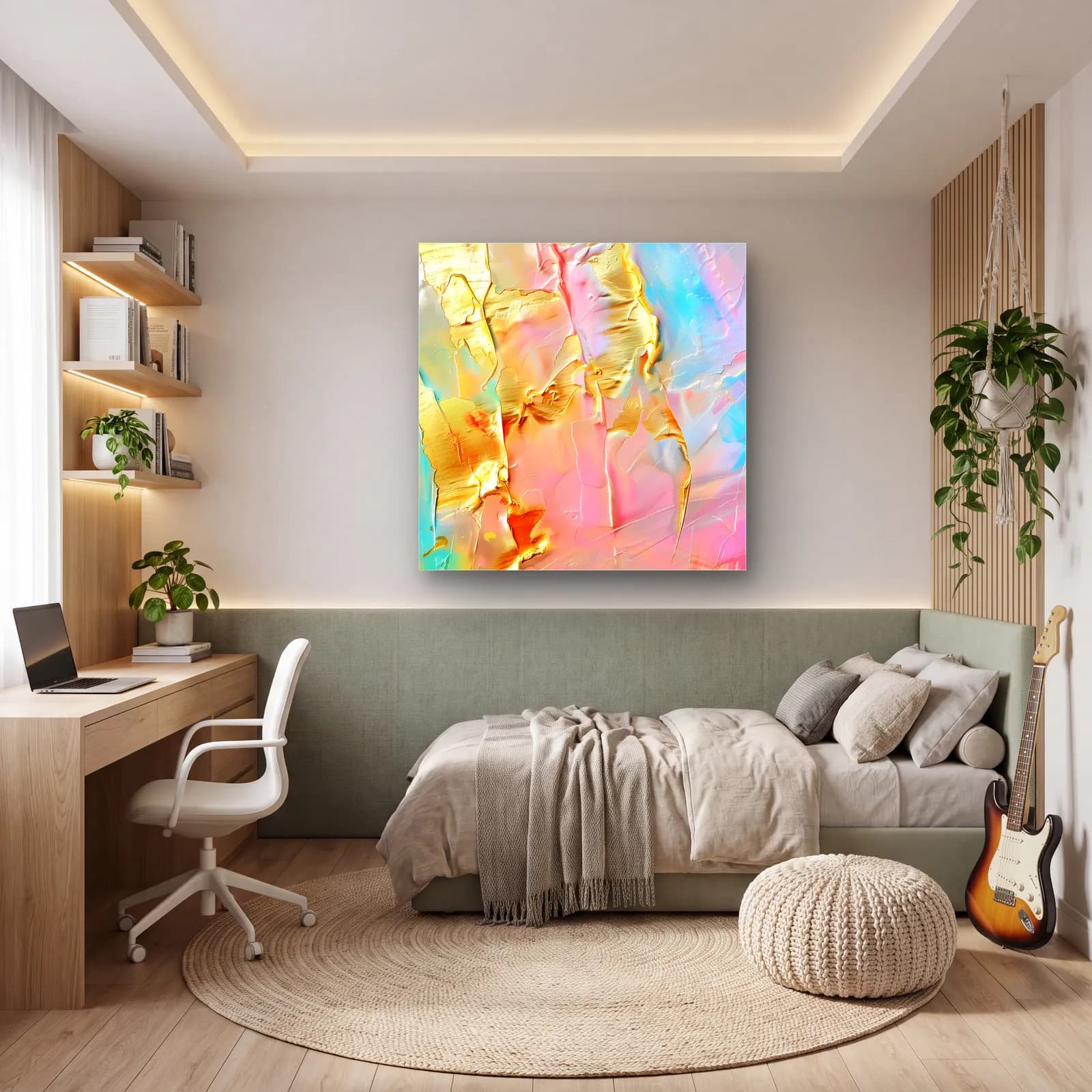 Pastel Spatula Altın Soyut cam tablo — genç odasında