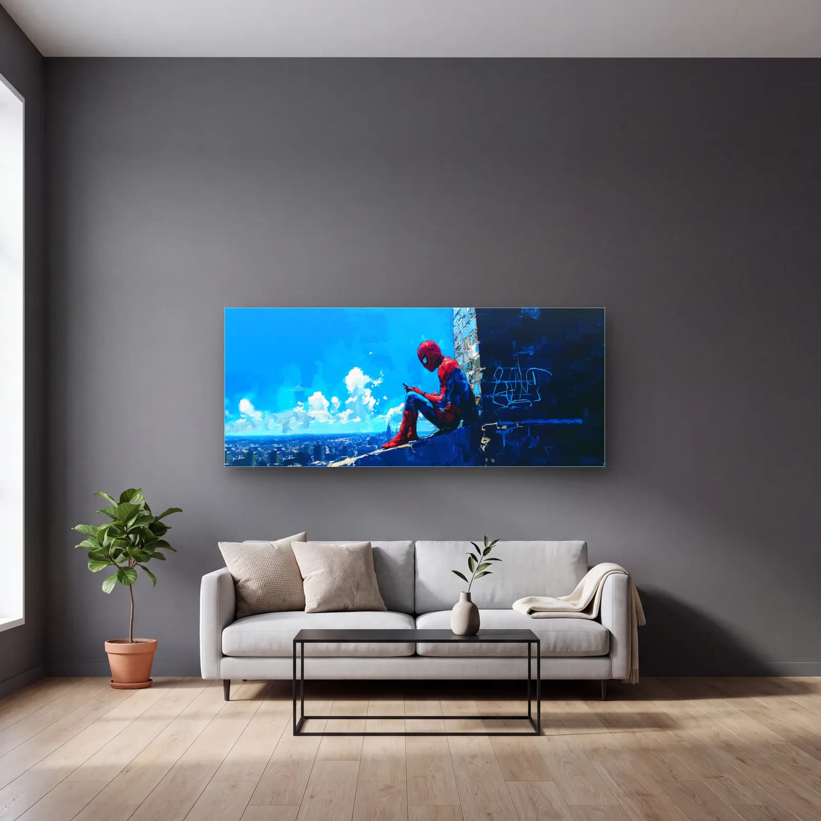 Çatıda Dinlenen Spider-Man cam tablo — gri duvarlı salonda