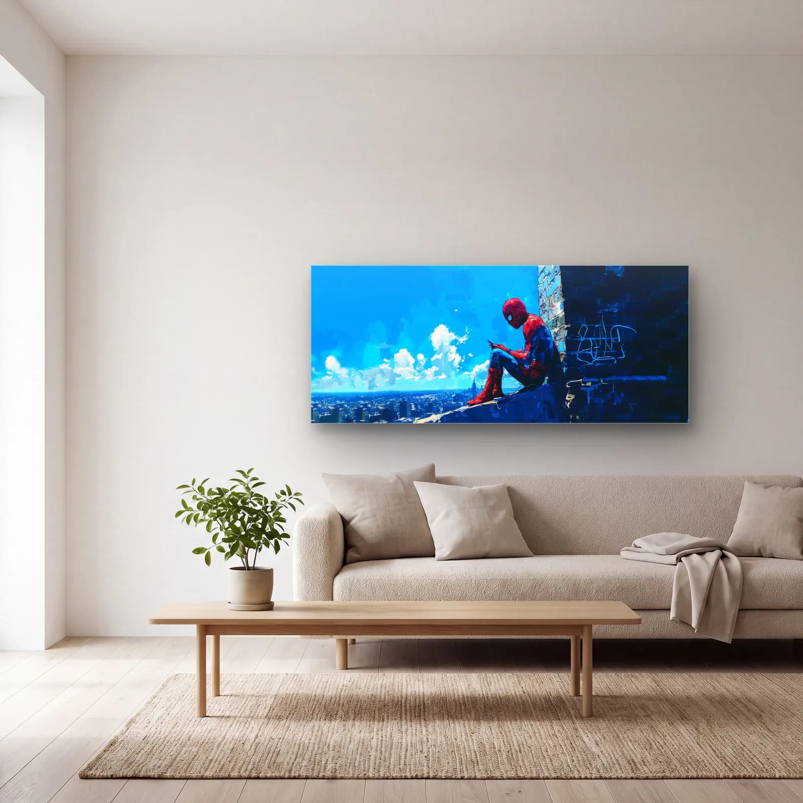 Çatıda Dinlenen Spider-Man cam tablo — açık renk salonda