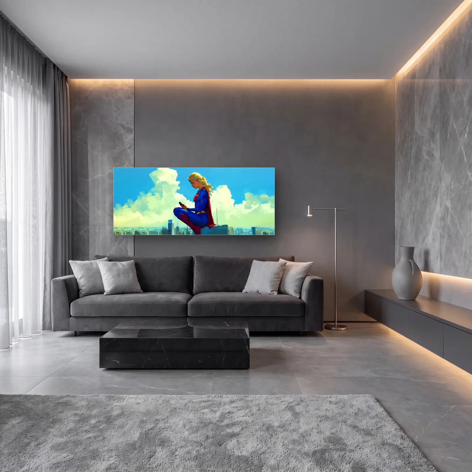 Bulutlar Üstünde Supergirl cam tablo — lüks salon duvarında