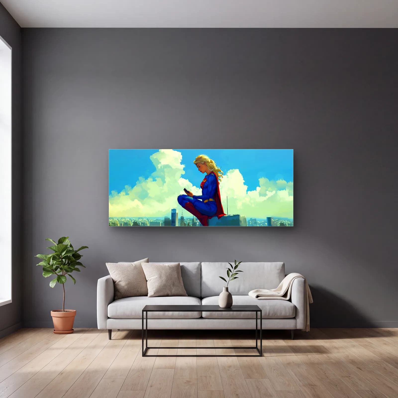 Bulutlar Üstünde Supergirl cam tablo — gri duvarlı salonda