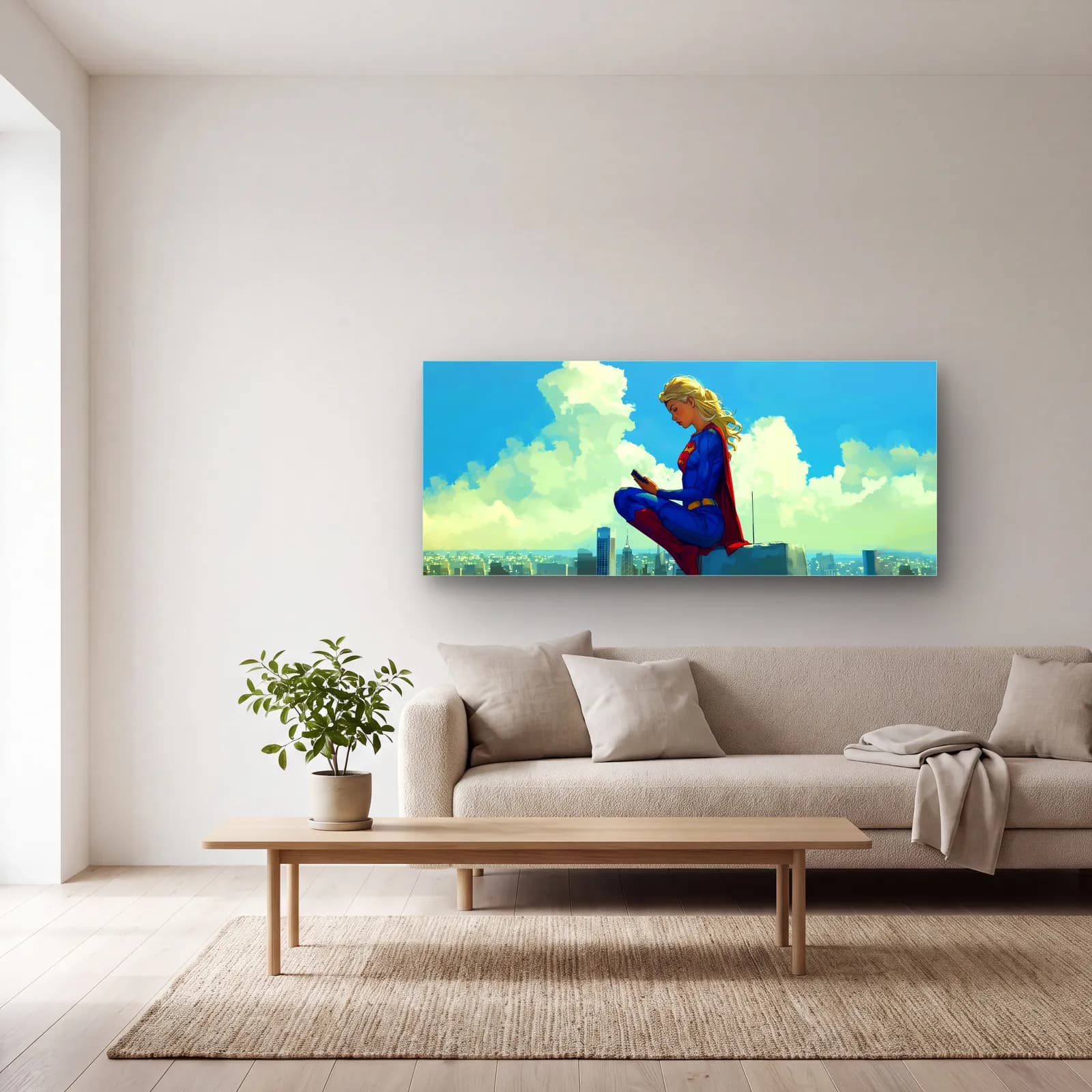 Bulutlar Üstünde Supergirl cam tablo — açık renk salonda