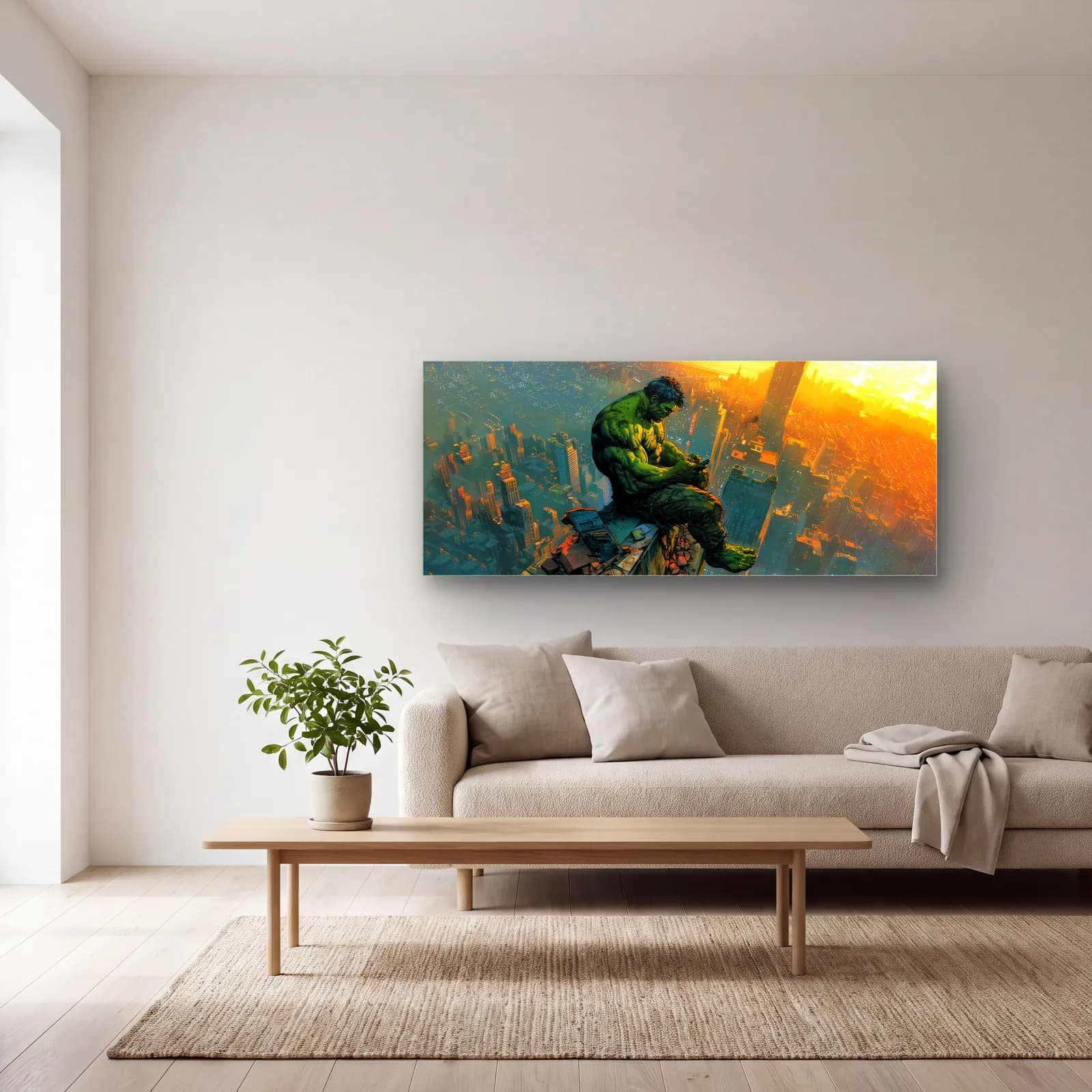 Gün Batımında Hulk cam tablo — açık renk salonda