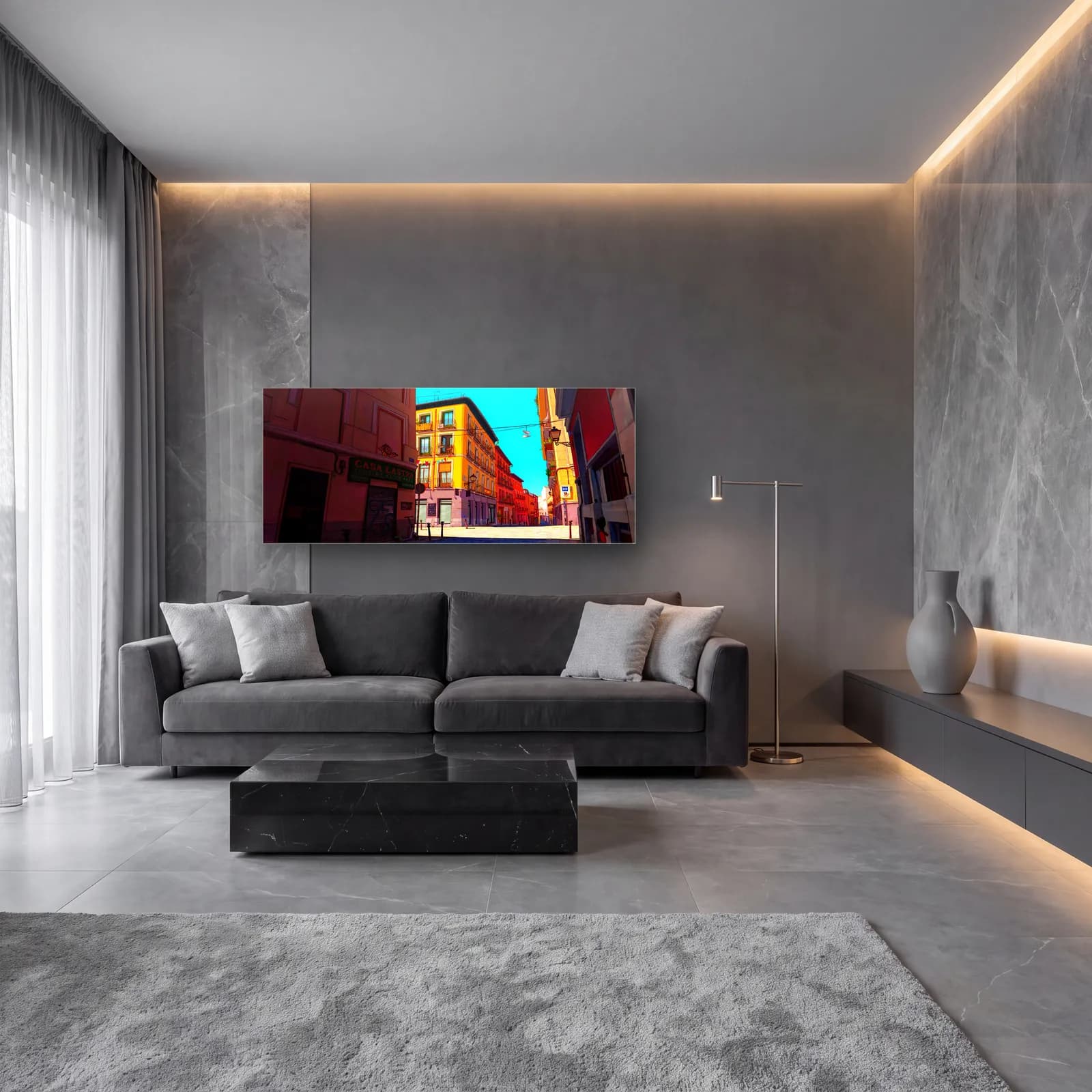 Güneşli Avrupa Sokağı cam tablo — lüks salon duvarında
