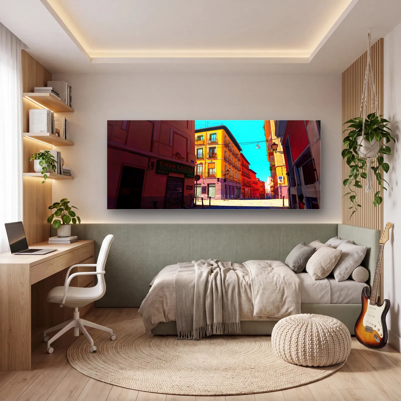 Güneşli Avrupa Sokağı cam tablo — genç odasında
