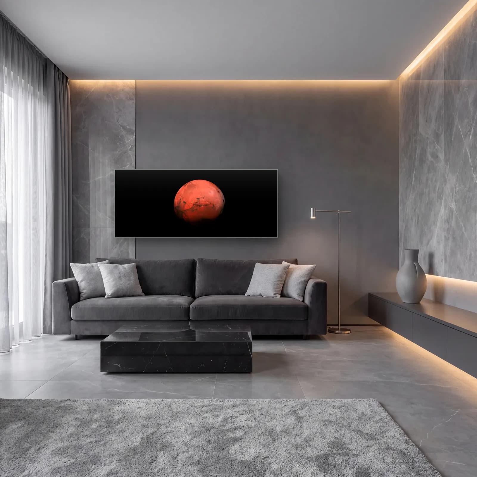 Kızıl Gezegen Mars cam tablo — lüks salon duvarında