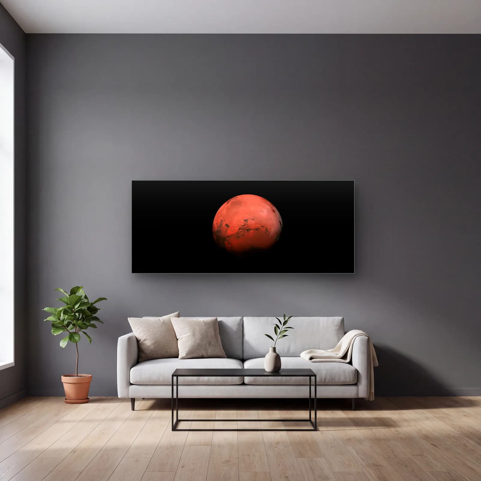 Kızıl Gezegen Mars cam tablo — gri duvarlı salonda