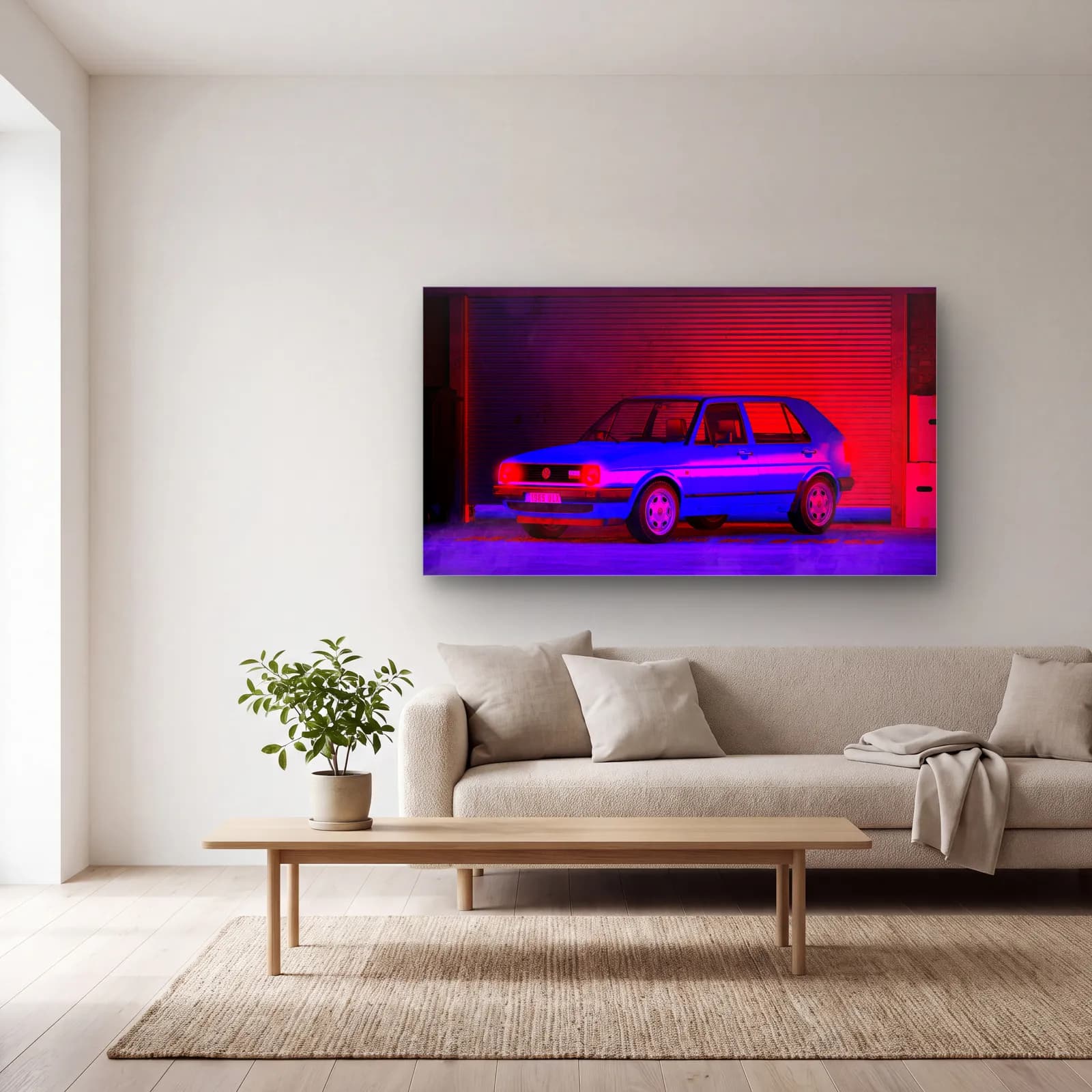 Neon Garajda Klasik Hatchback cam tablo — açık renk salonda