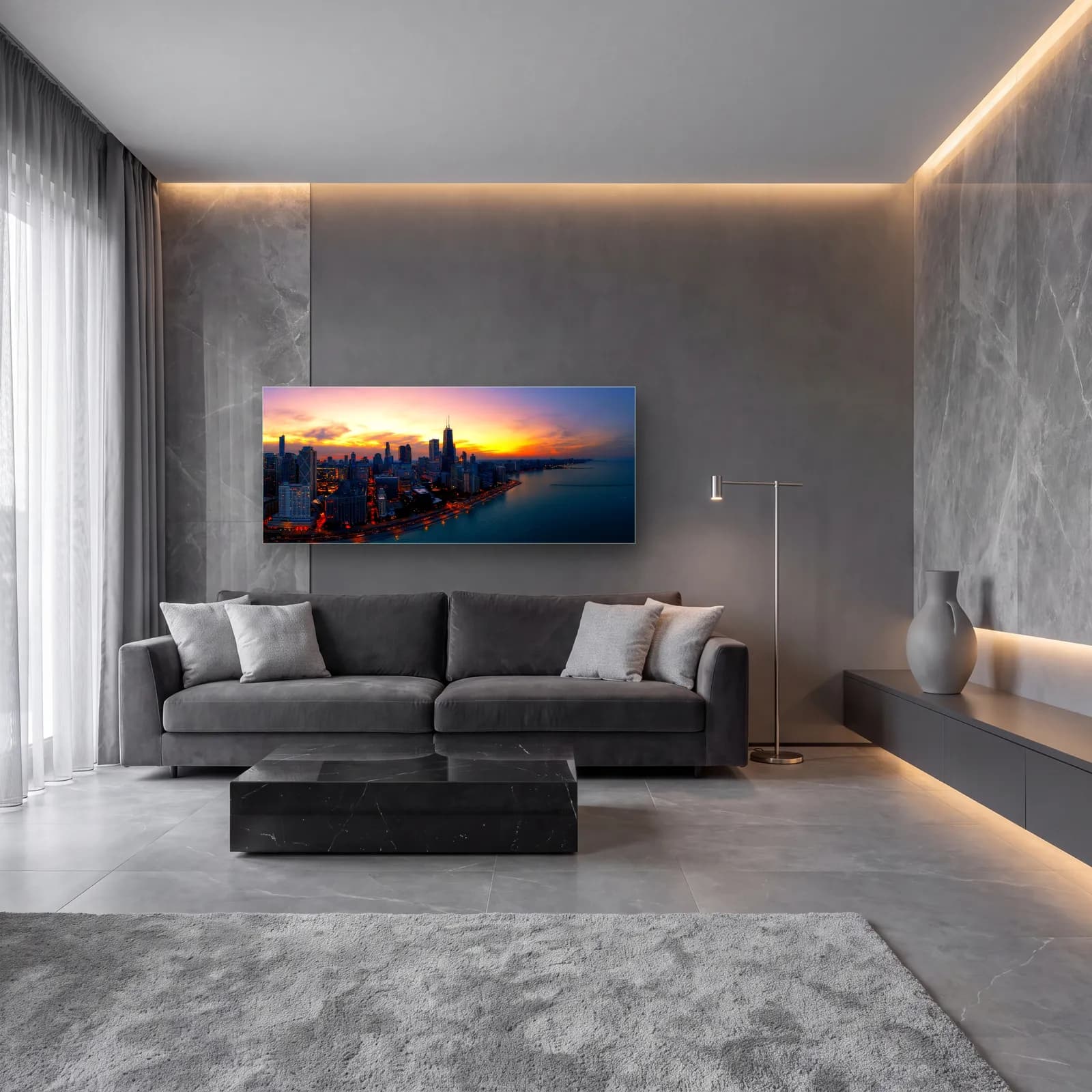 Chicago Silüeti Gün Batımı cam tablo — lüks salon duvarında