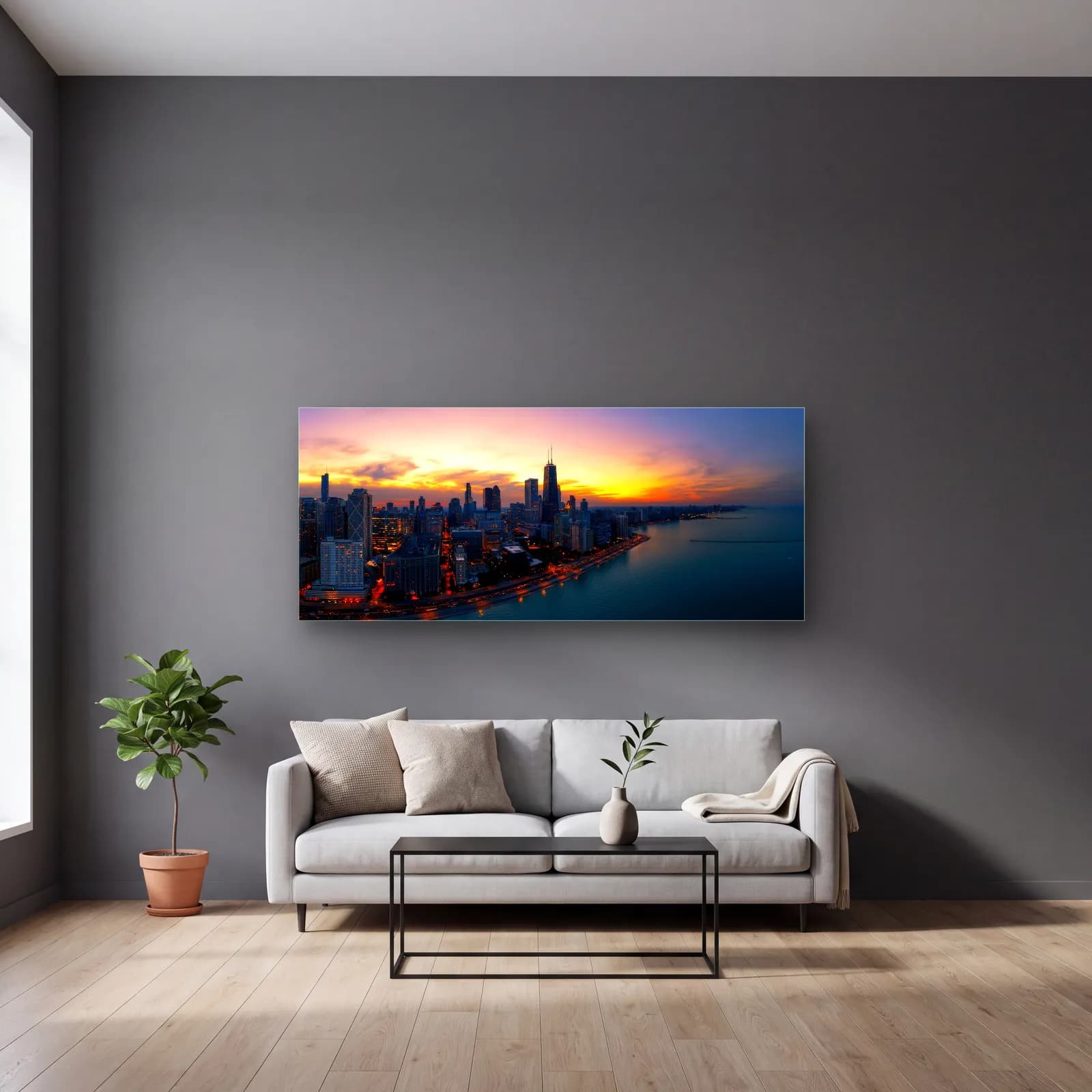Chicago Silüeti Gün Batımı cam tablo — gri duvarlı salonda