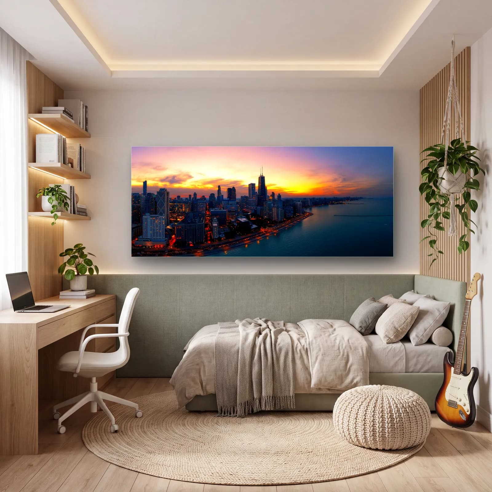 Chicago Silüeti Gün Batımı cam tablo — genç odasında