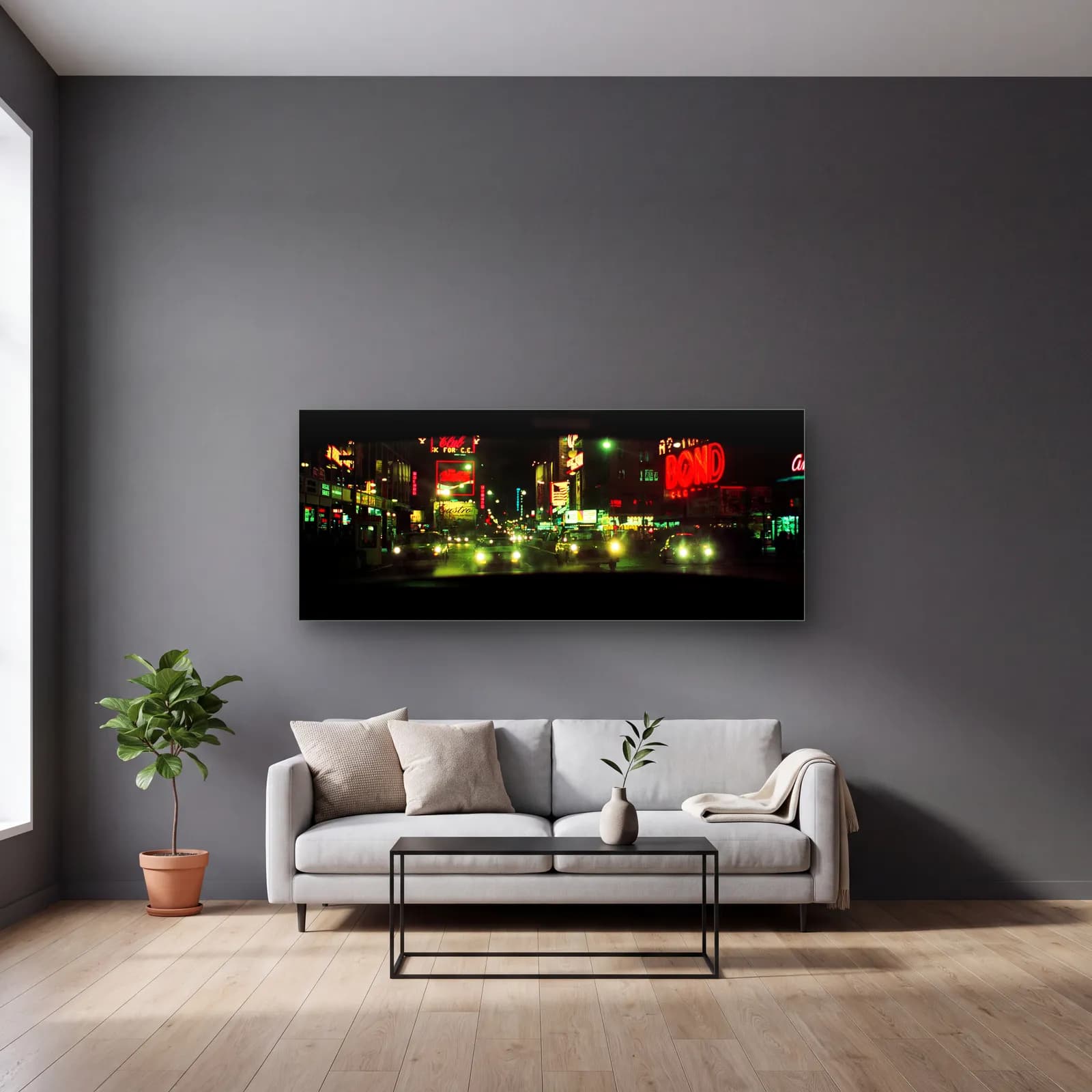Retro New York Neon Gecesi cam tablo — gri duvarlı salonda