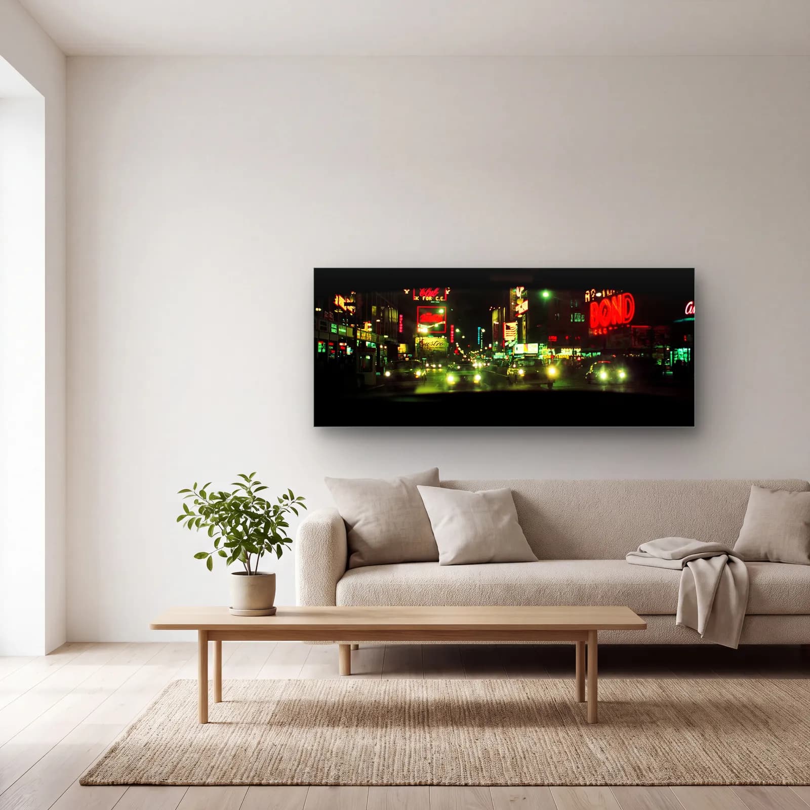 Retro New York Neon Gecesi cam tablo — açık renk salonda