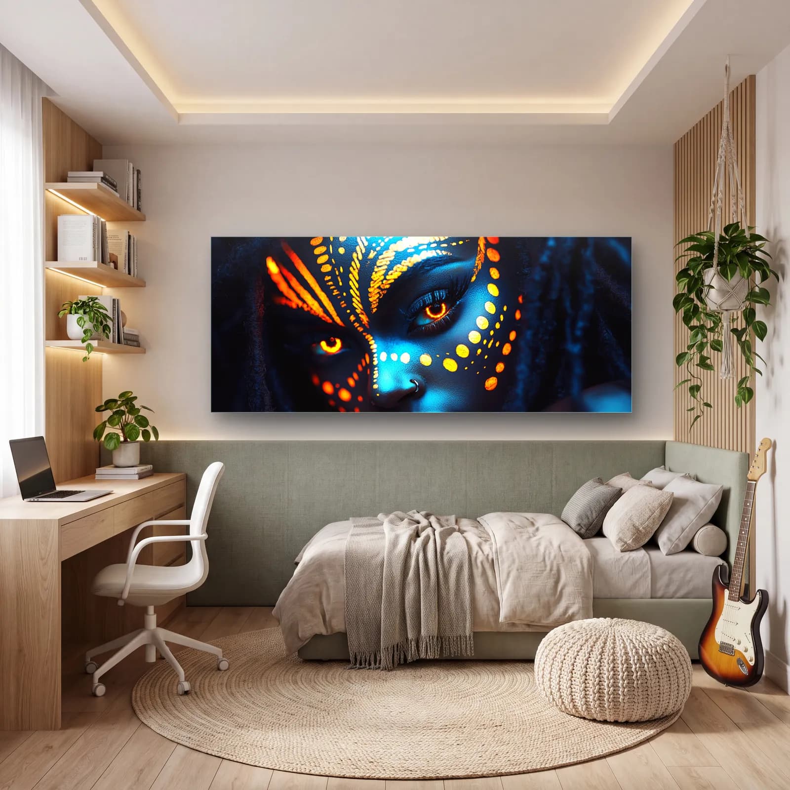 Neon Kabile Makyajlı Kadın cam tablo — genç odasında