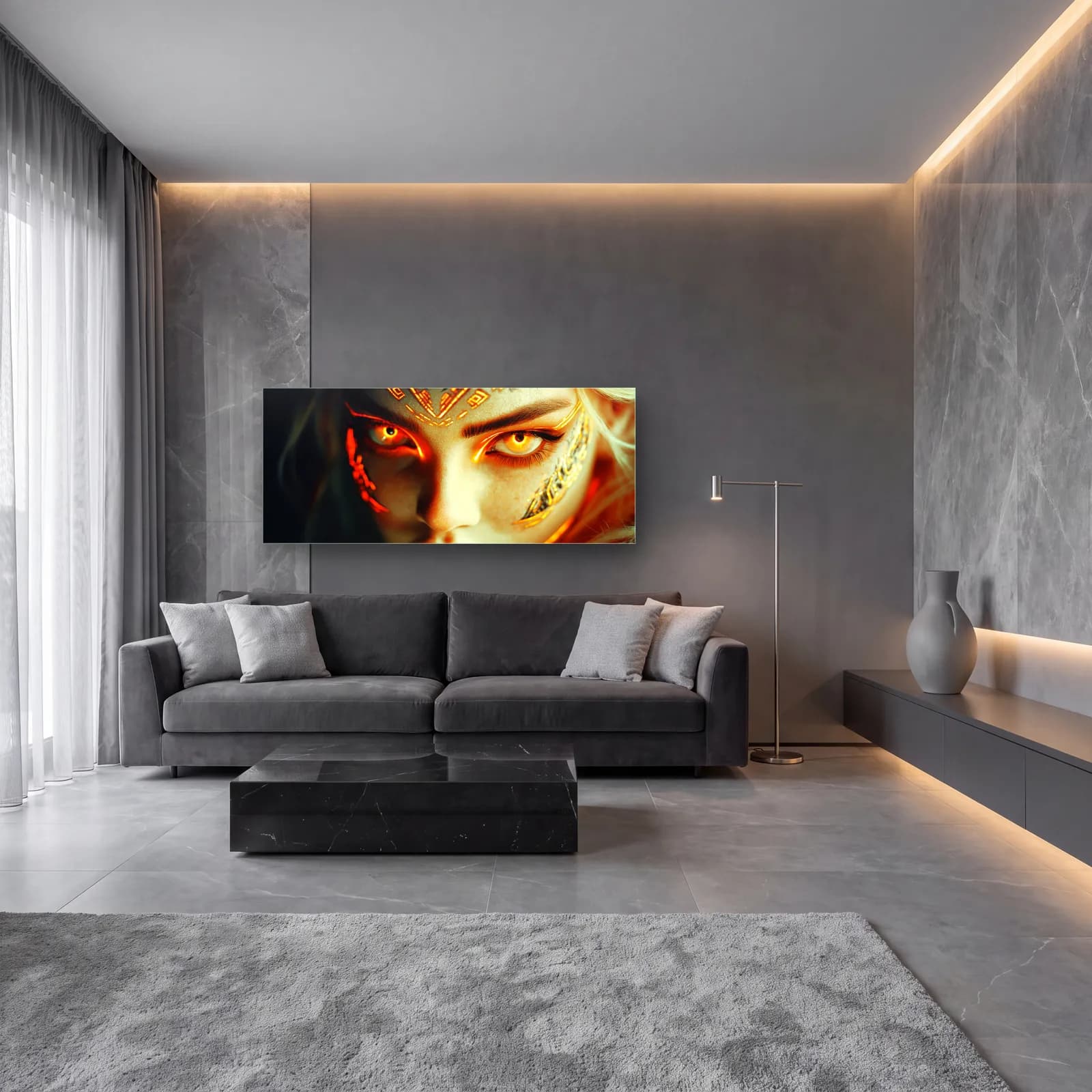 Altın Dövmeli Kızıl Gözler cam tablo — lüks salon duvarında