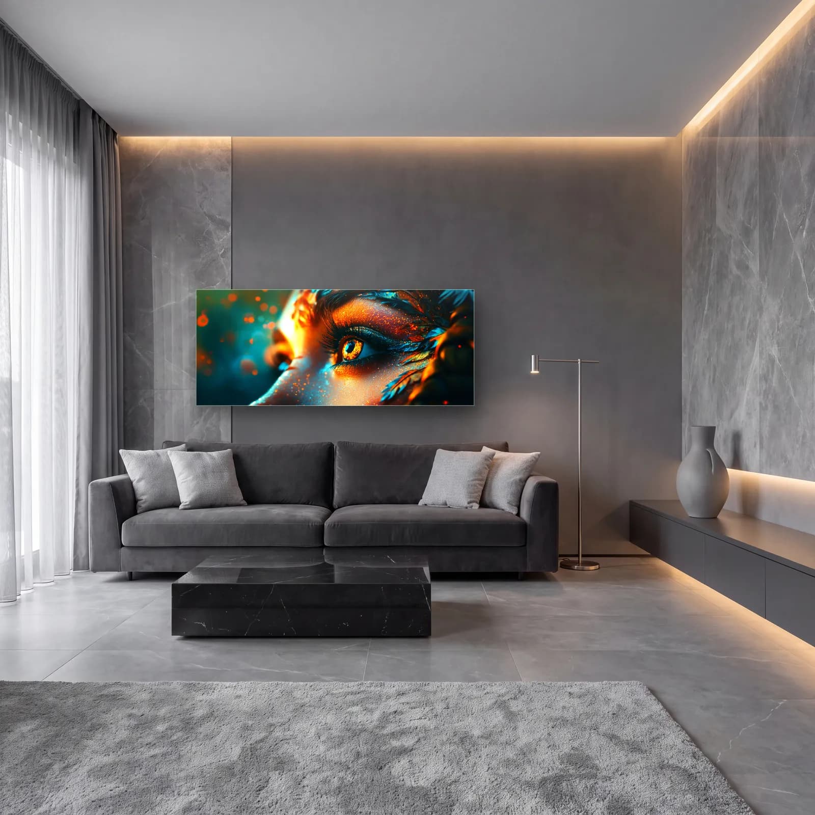 Altın Işıltılı Bakış cam tablo — lüks salon duvarında