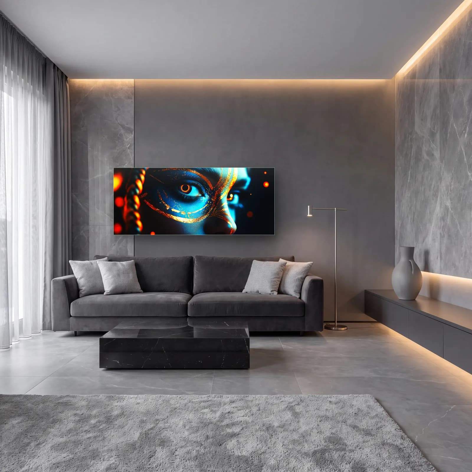 Örgülü Saçlı Neon Portre cam tablo — lüks salon duvarında
