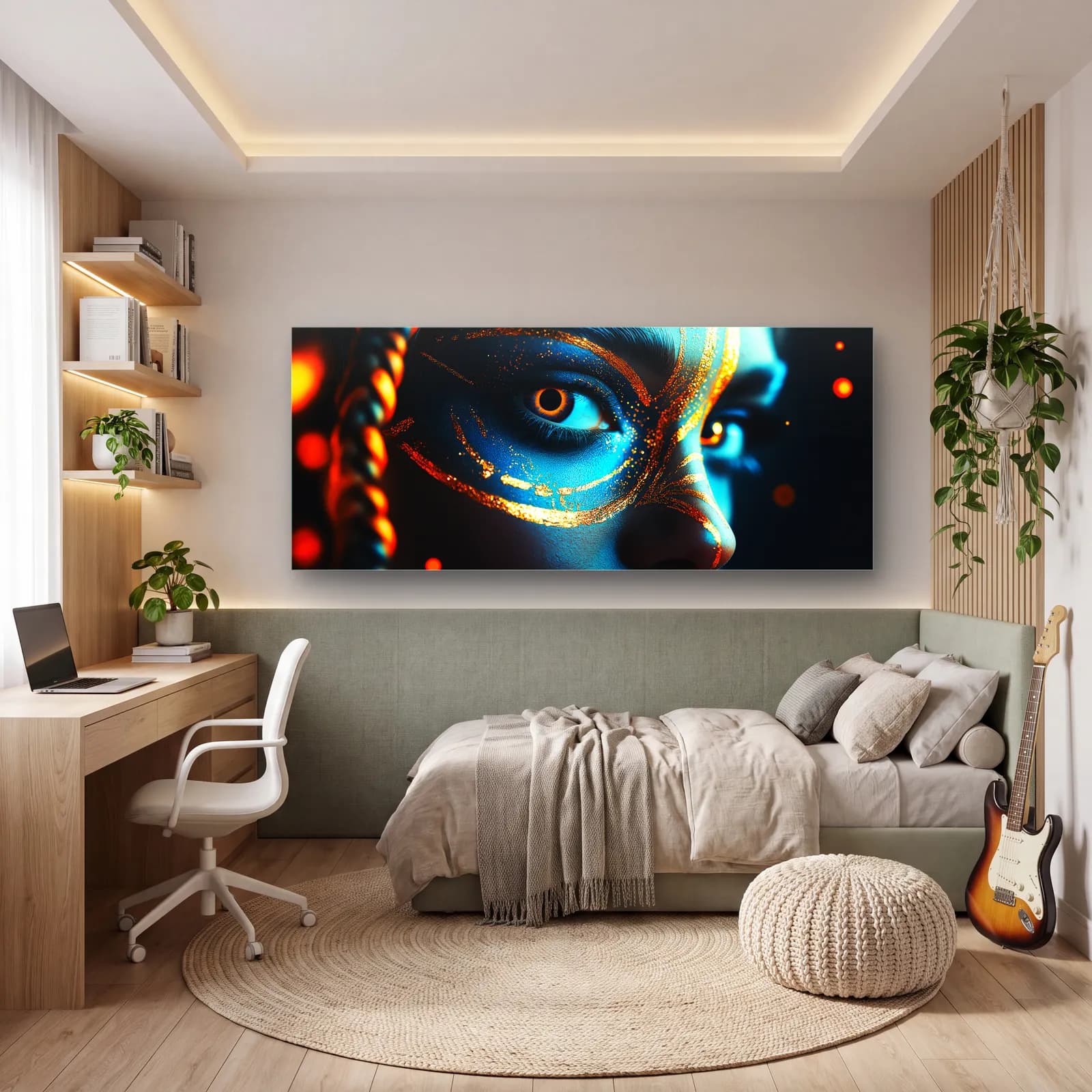 Örgülü Saçlı Neon Portre cam tablo — genç odasında