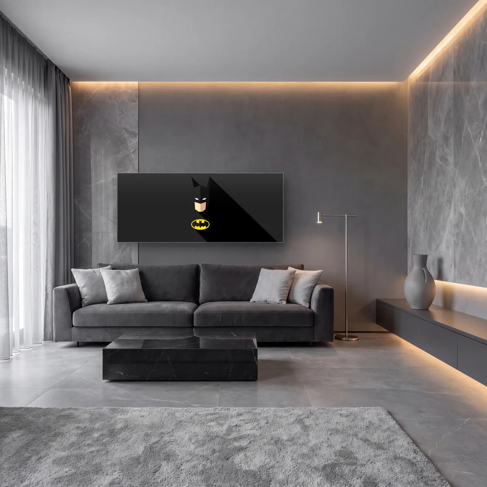 Minimal Batman Maskesi cam tablo — lüks salon duvarında