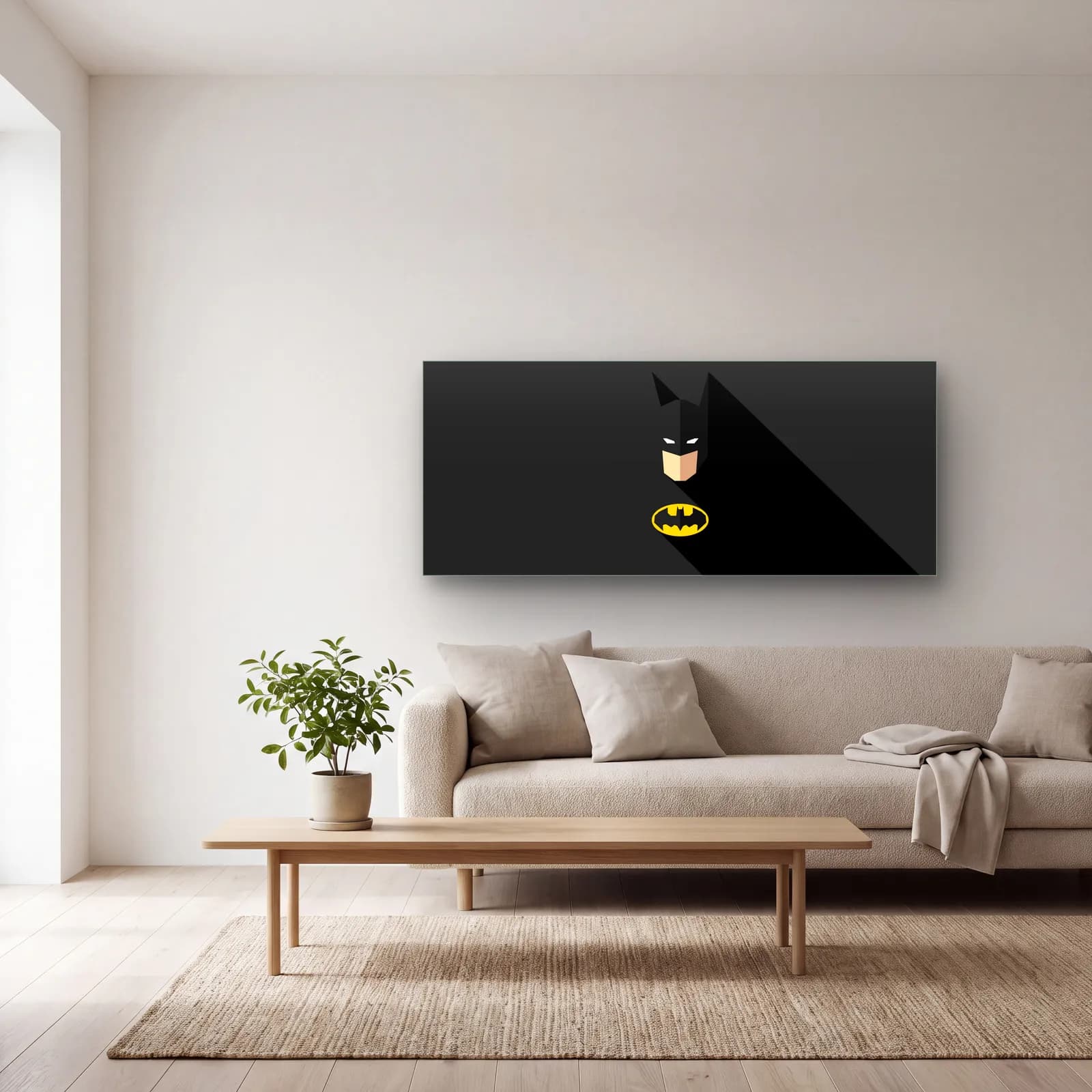 Minimal Batman Maskesi cam tablo — açık renk salonda