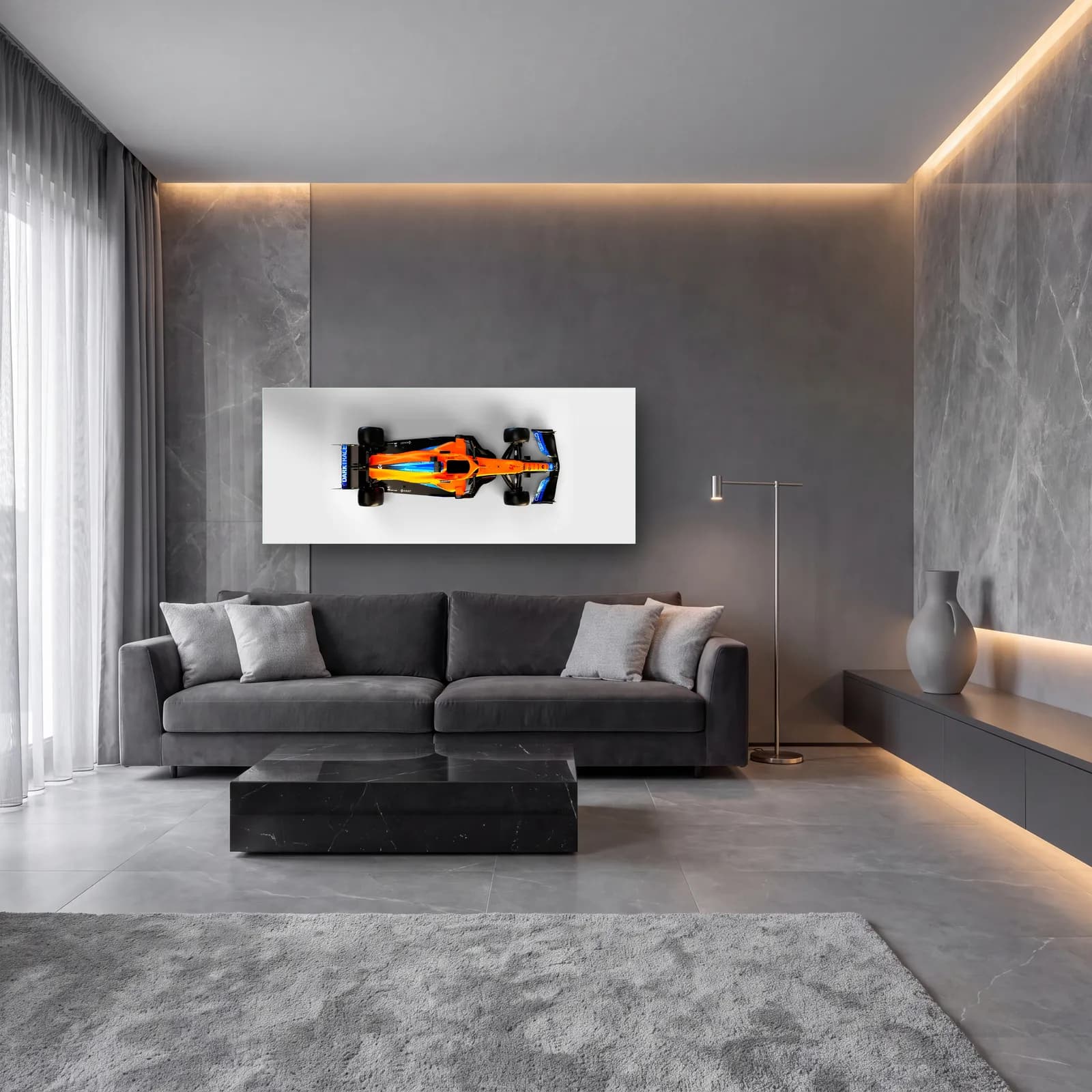 Kuşbakışı McLaren F1 Aracı cam tablo — lüks salon duvarında