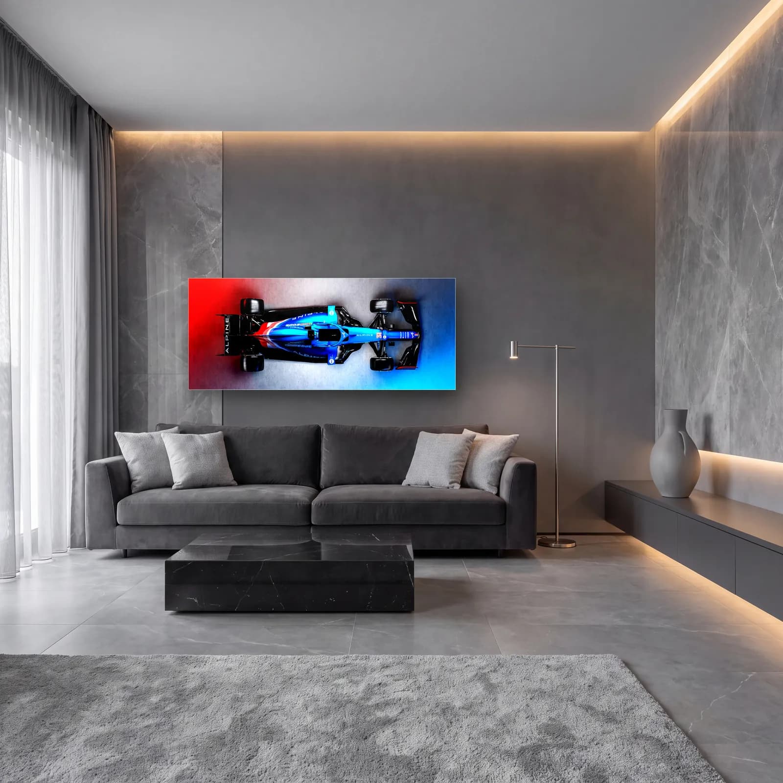 Kırmızı Mavi Zeminde Alpine F1 cam tablo — lüks salon duvarında