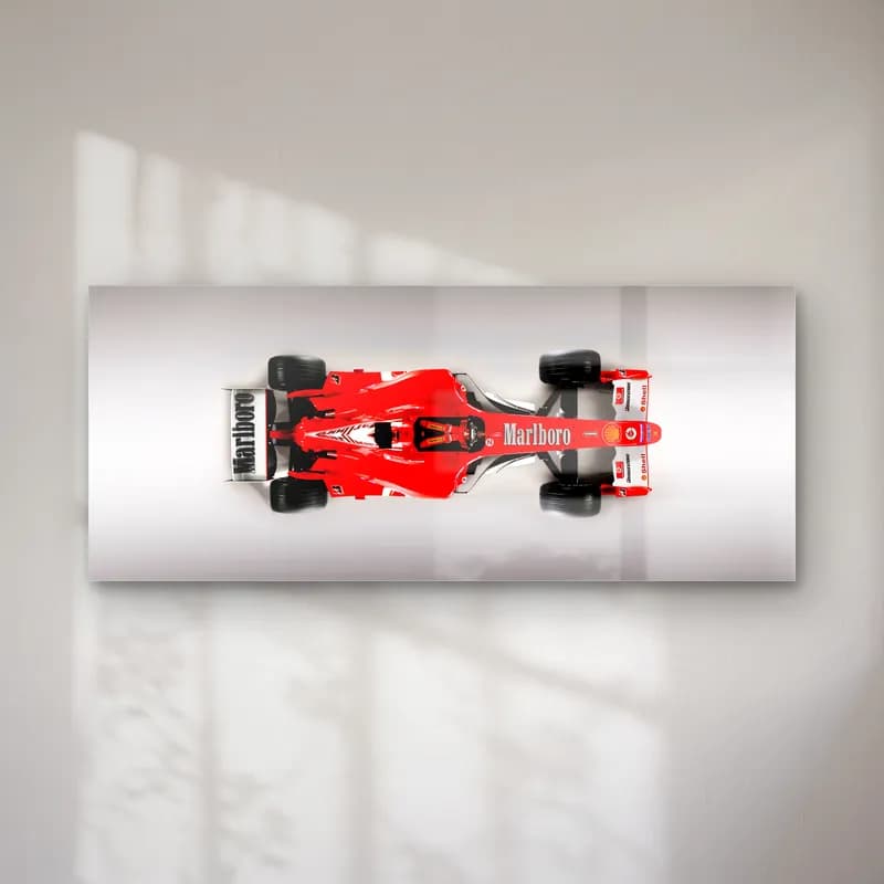 Retro Desenli Kırmızı Ferrari F1 cam tablo — Beyaz zeminde yukarıdan görülen retro desenli kırmızı Ferrari F1 aracı