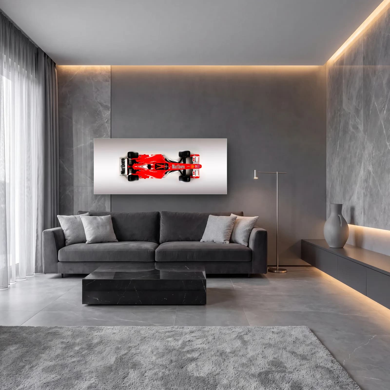 Retro Desenli Kırmızı Ferrari F1 cam tablo — lüks salon duvarında