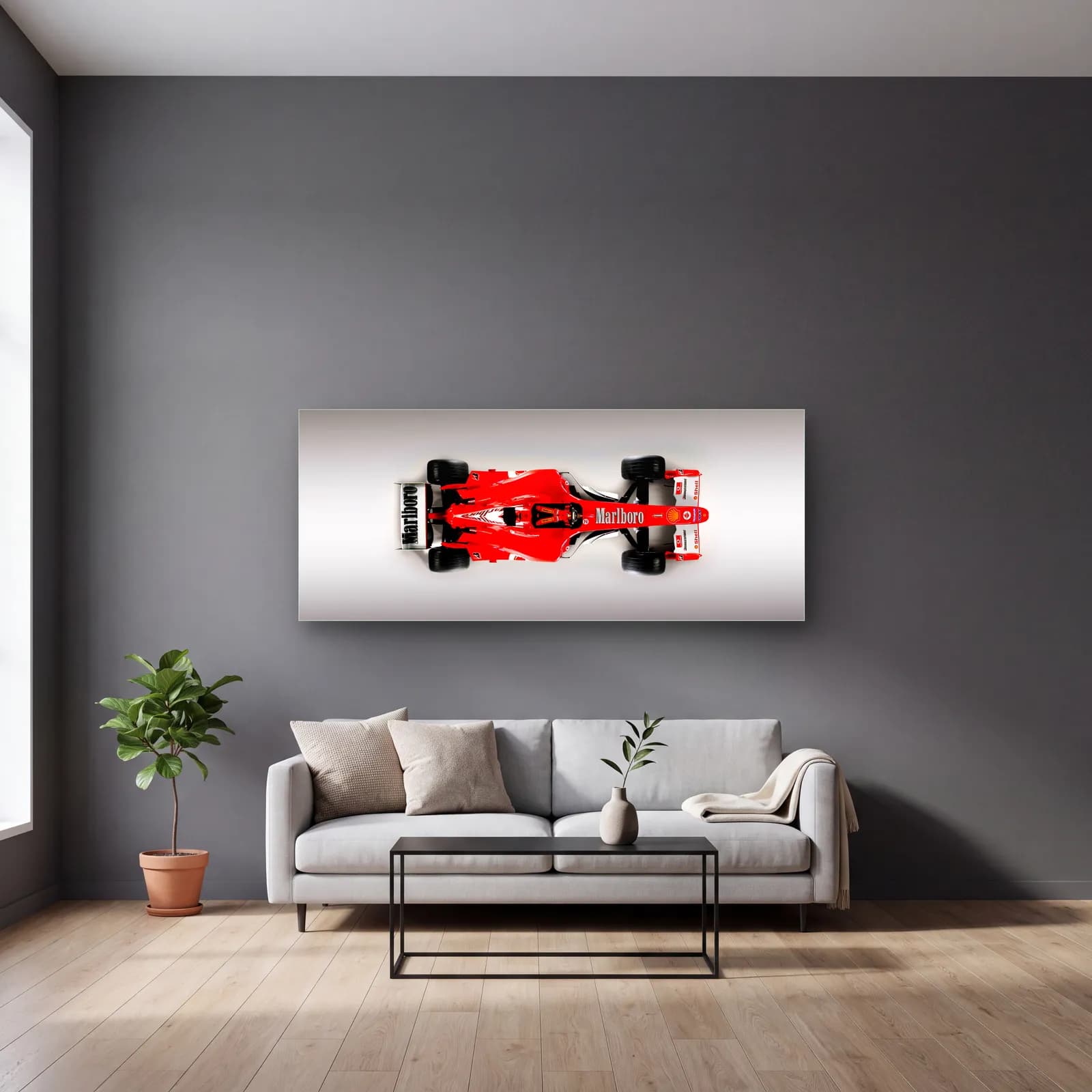 Retro Desenli Kırmızı Ferrari F1 cam tablo — gri duvarlı salonda