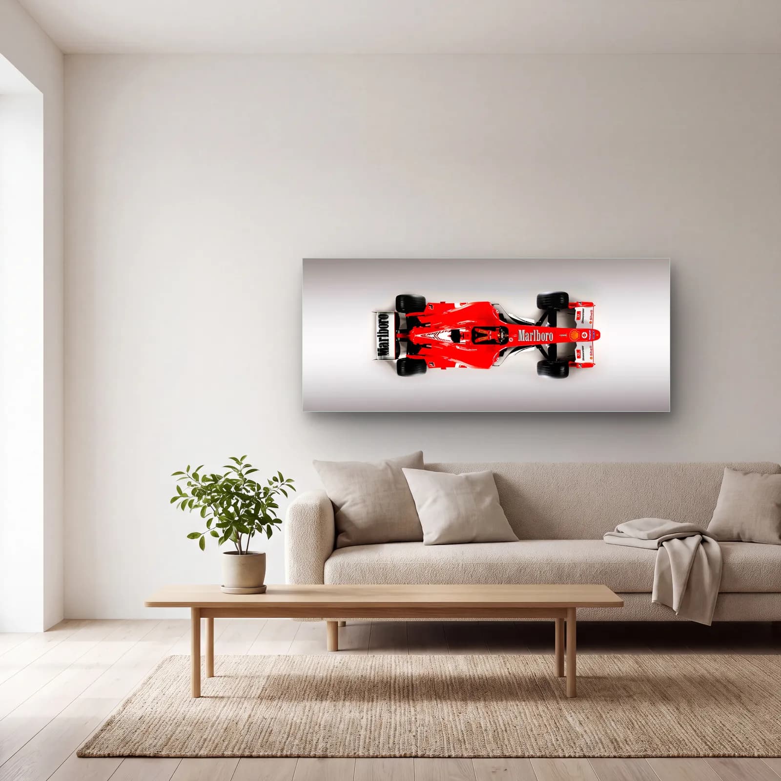 Retro Desenli Kırmızı Ferrari F1 cam tablo — açık renk salonda