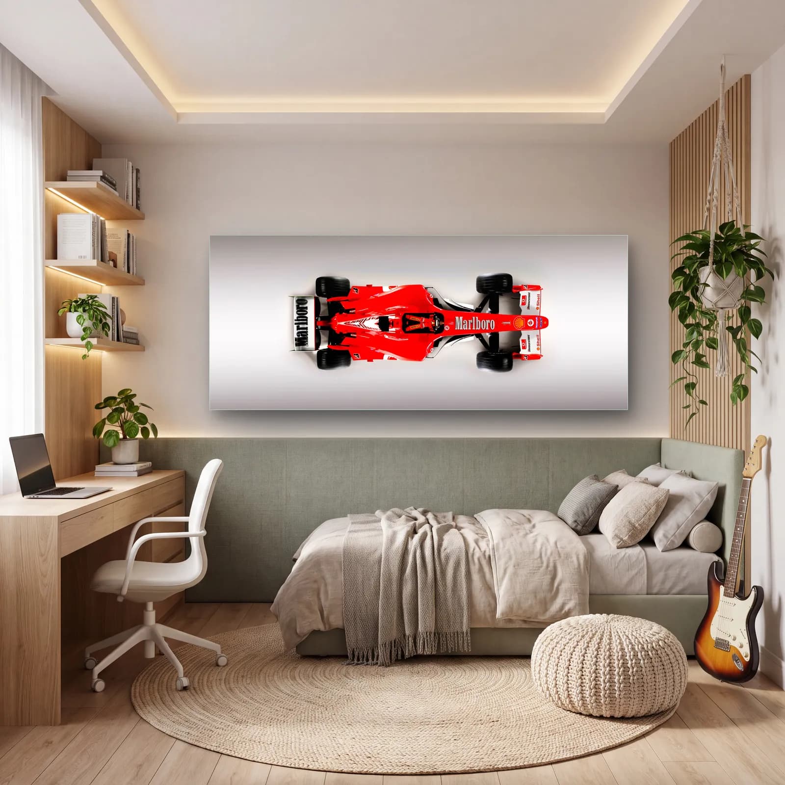 Retro Desenli Kırmızı Ferrari F1 cam tablo — genç odasında