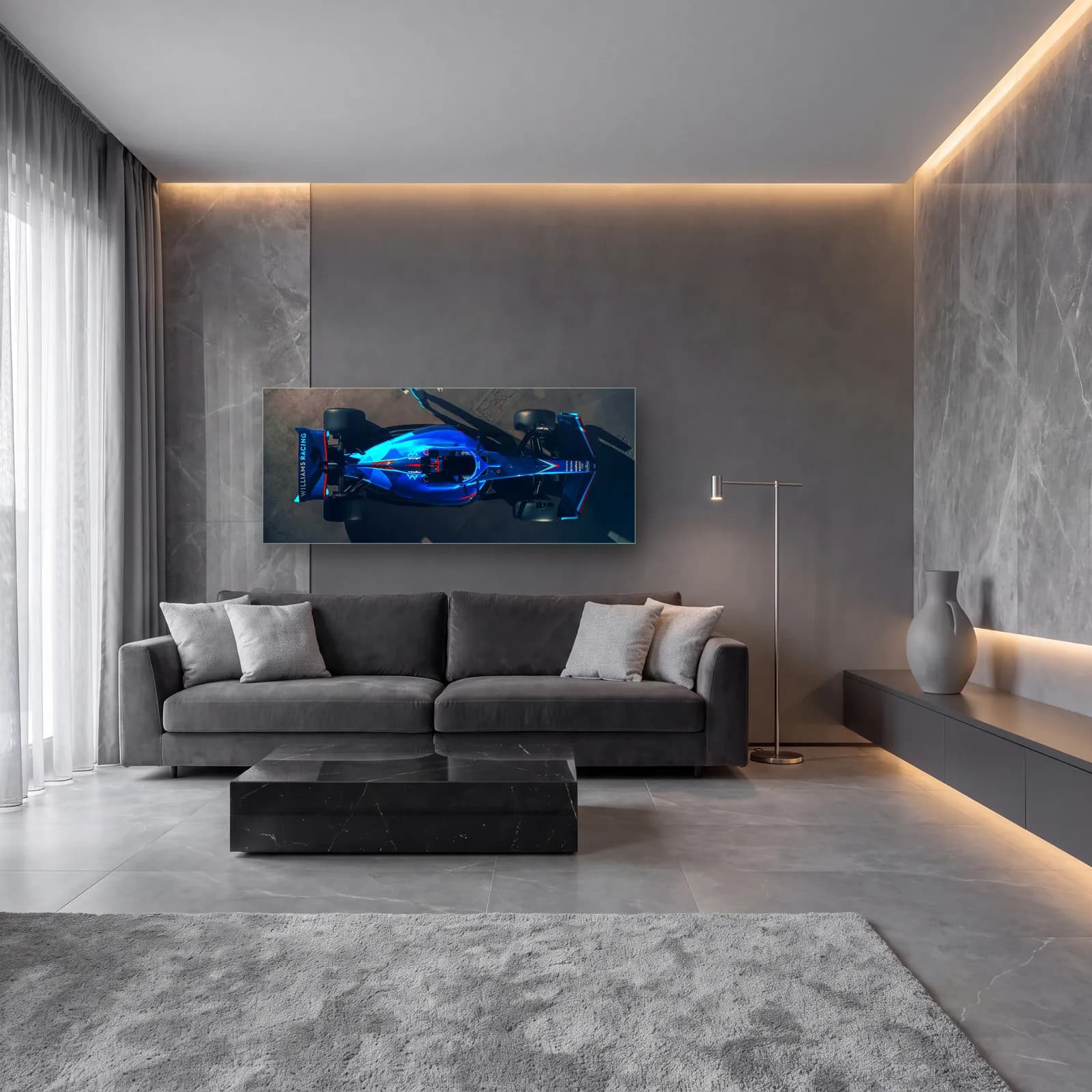 Kuşbakışı Williams F1 Aracı cam tablo — lüks salon duvarında