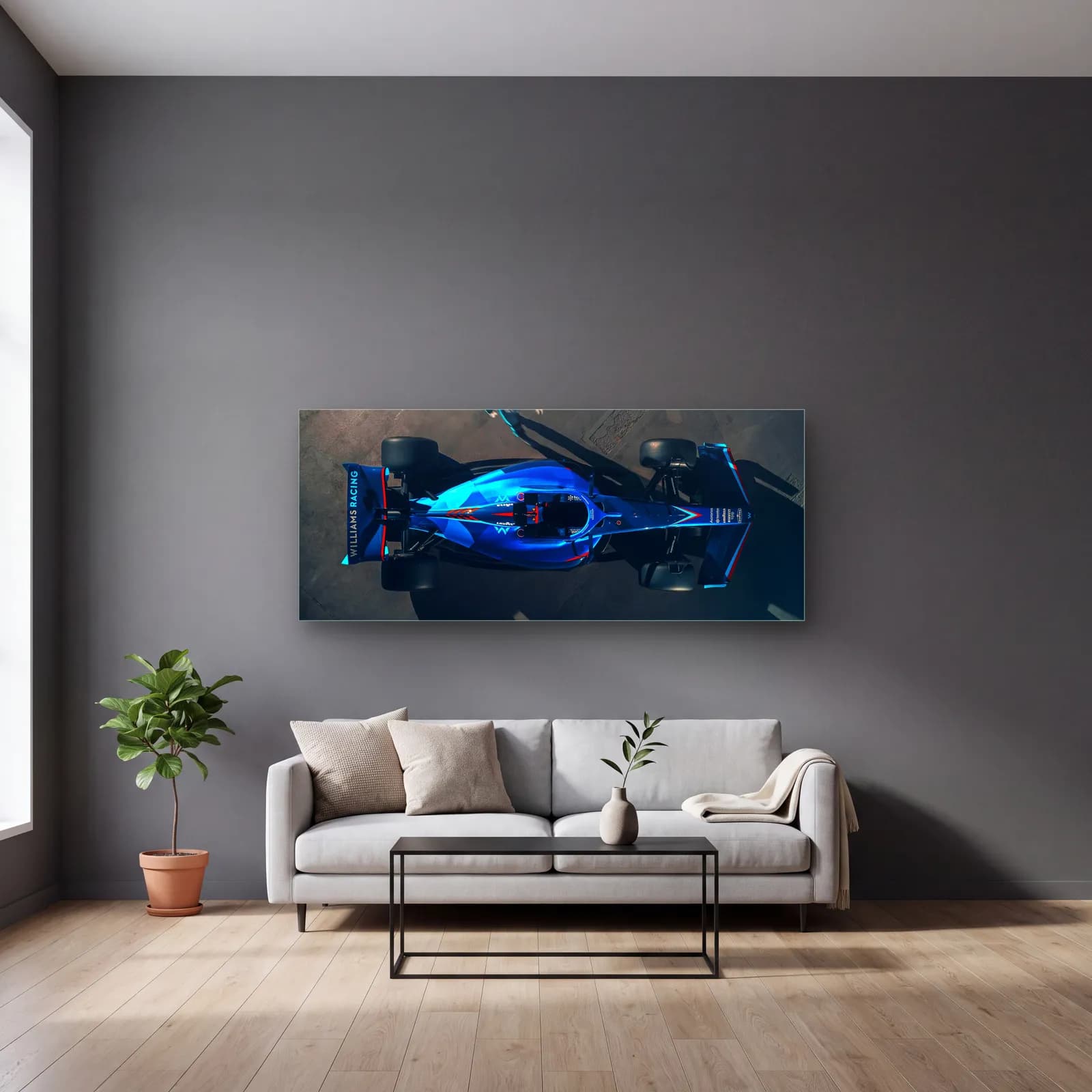 Kuşbakışı Williams F1 Aracı cam tablo — gri duvarlı salonda