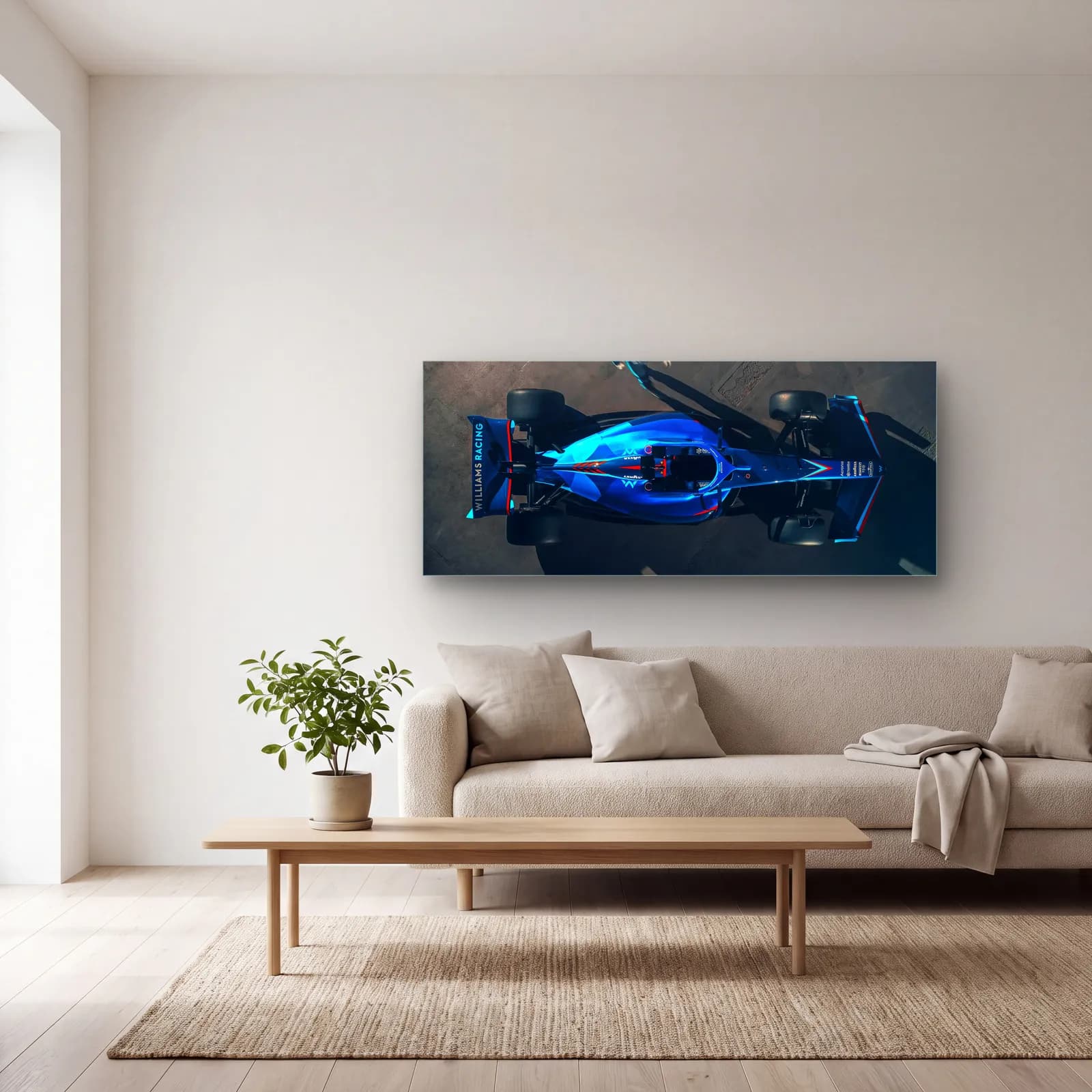 Kuşbakışı Williams F1 Aracı cam tablo — açık renk salonda