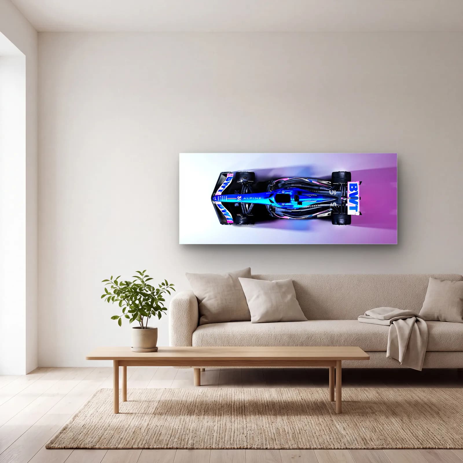 Pembe Mavi Alpine F1 Kuşbakışı cam tablo — açık renk salonda