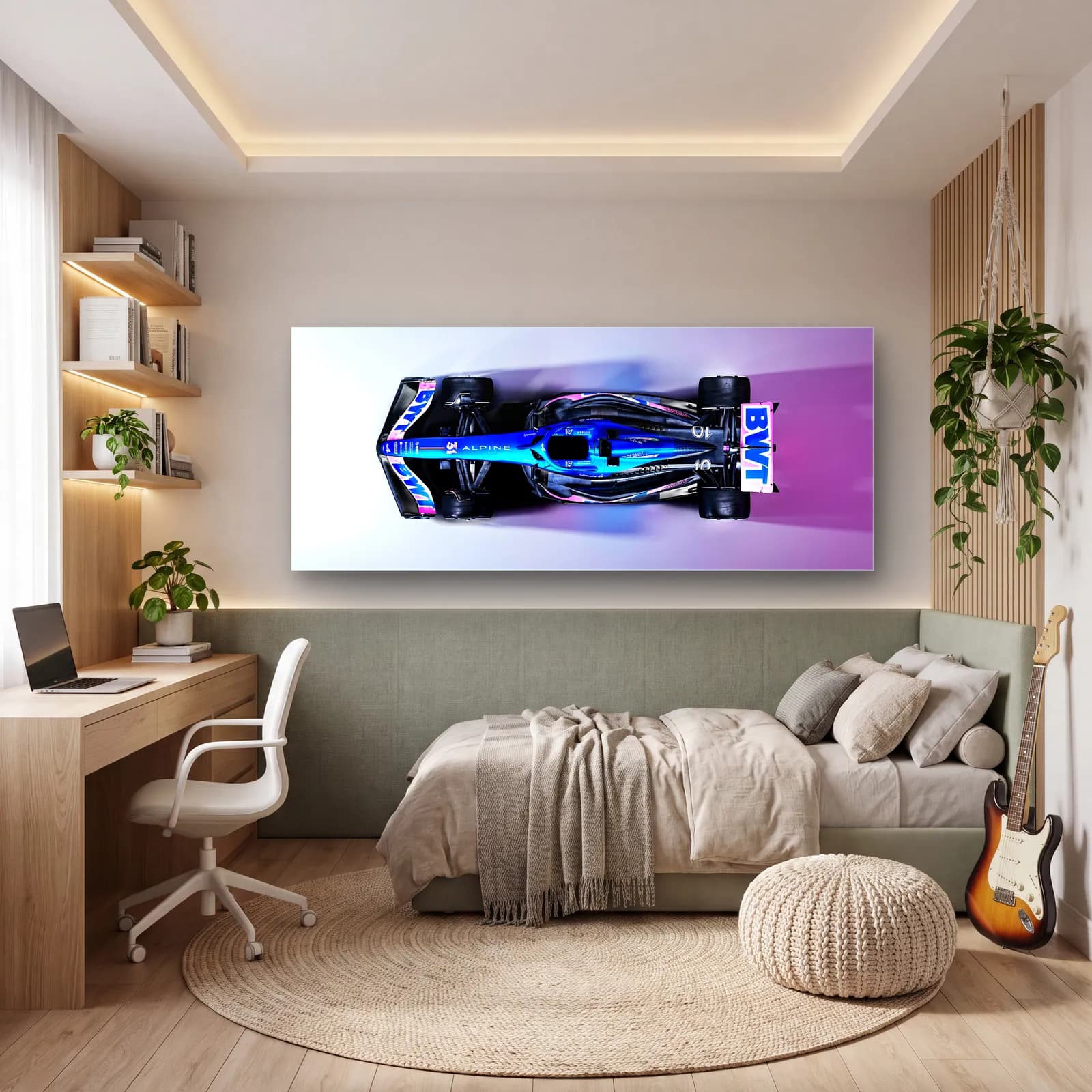 Pembe Mavi Alpine F1 Kuşbakışı cam tablo — genç odasında