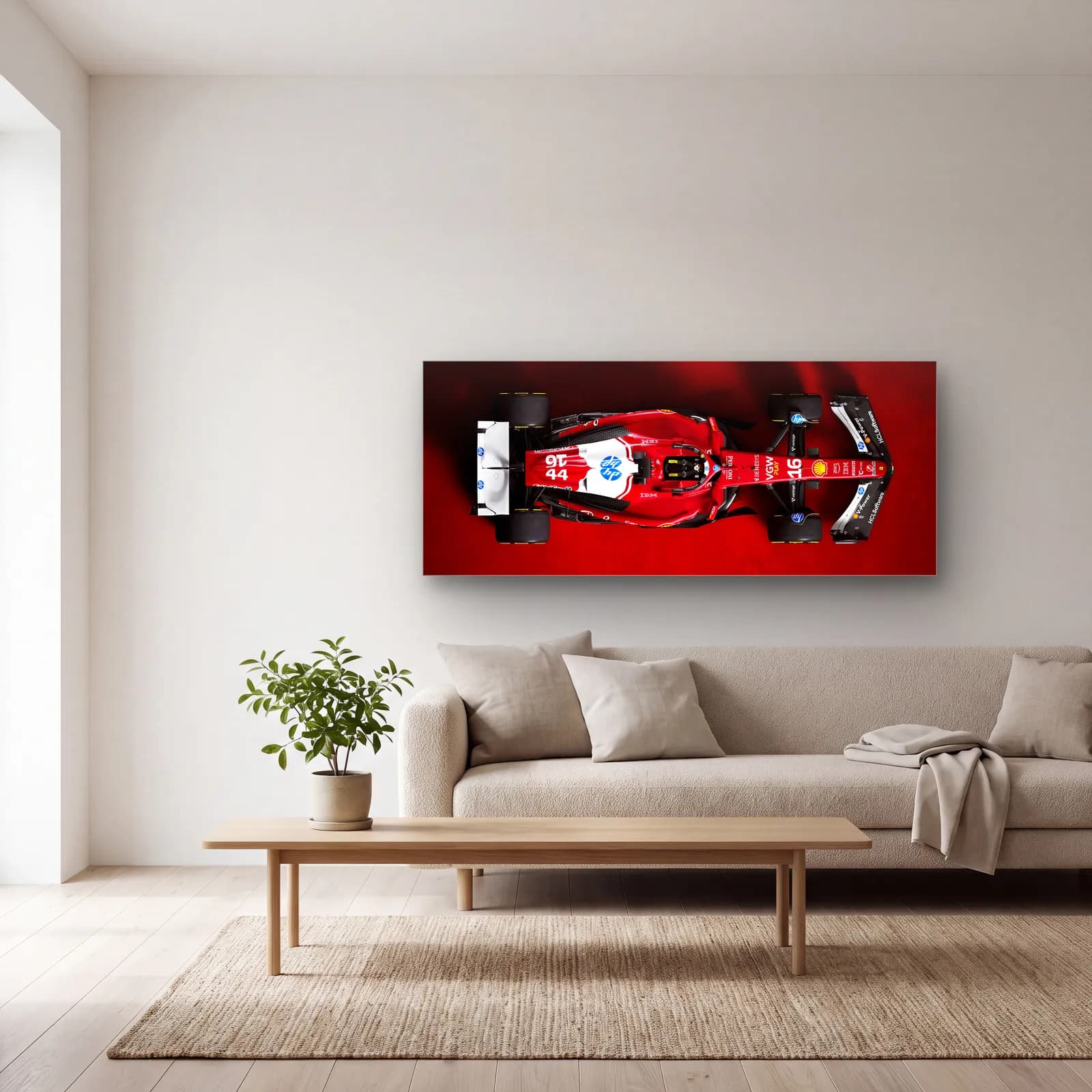 Kırmızı Zeminde Alfa Romeo F1 cam tablo — açık renk salonda
