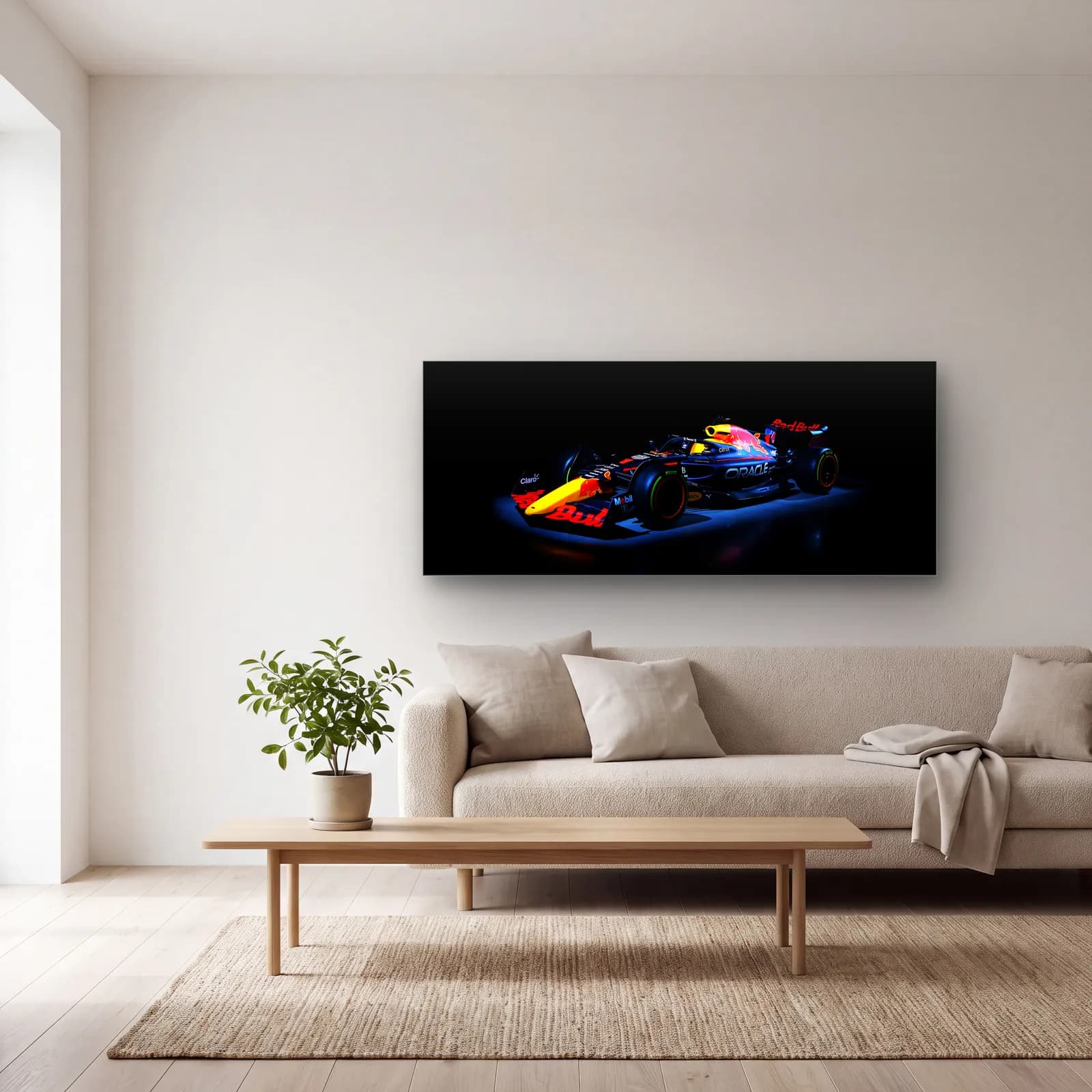 Karanlıkta Red Bull F1 Profil cam tablo — açık renk salonda