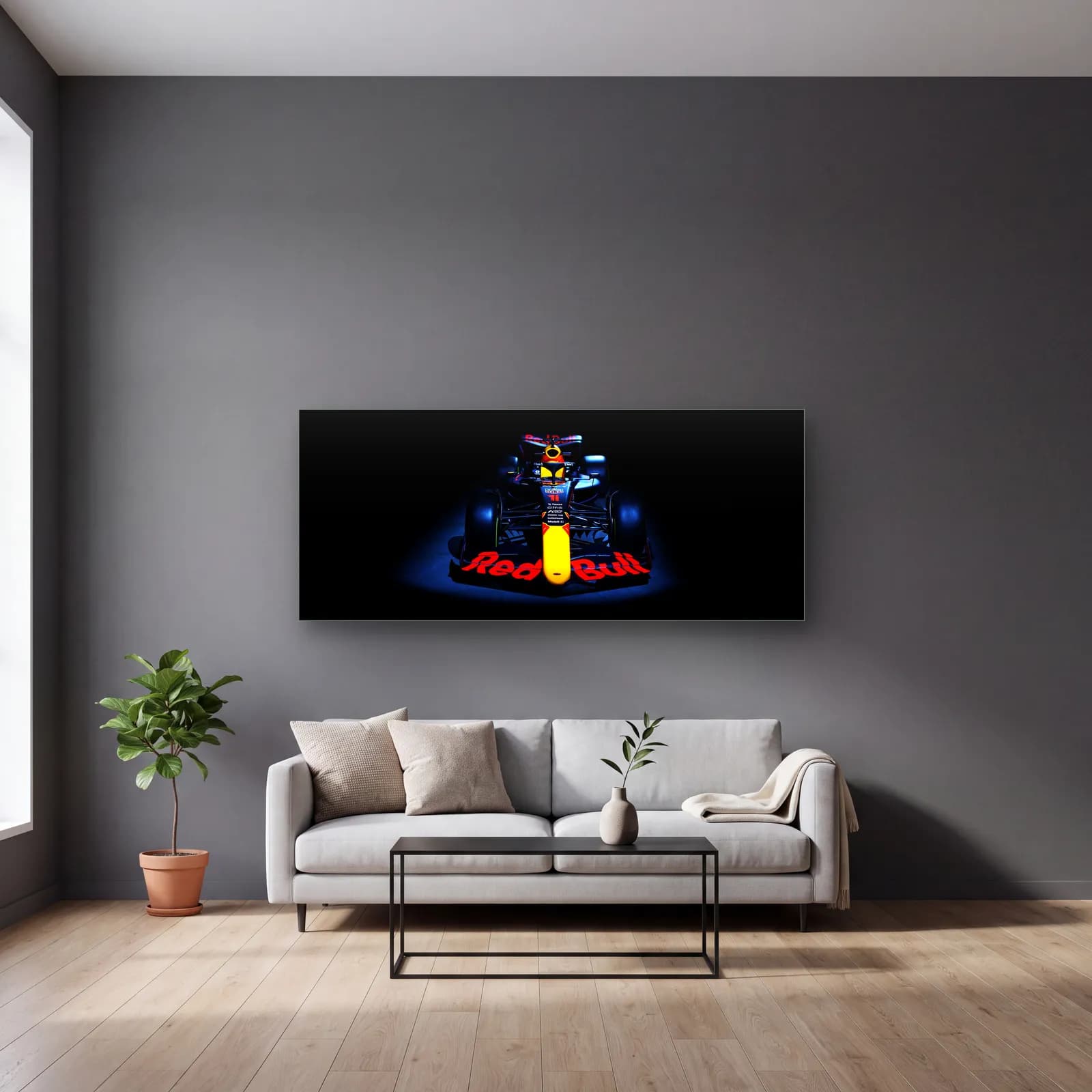 Önden Red Bull F1 Aracı cam tablo — gri duvarlı salonda