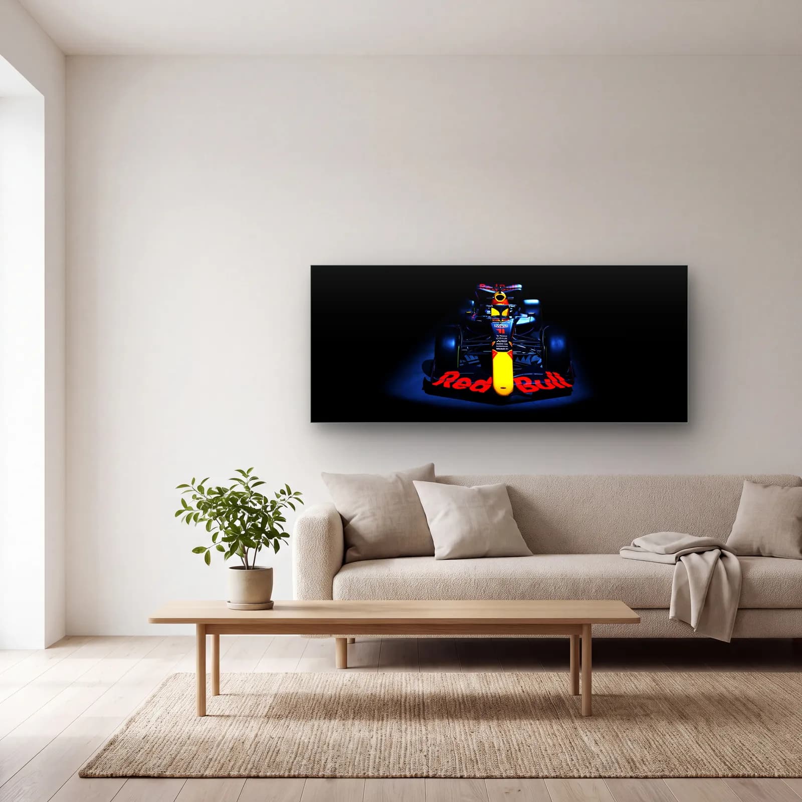 Önden Red Bull F1 Aracı cam tablo — açık renk salonda